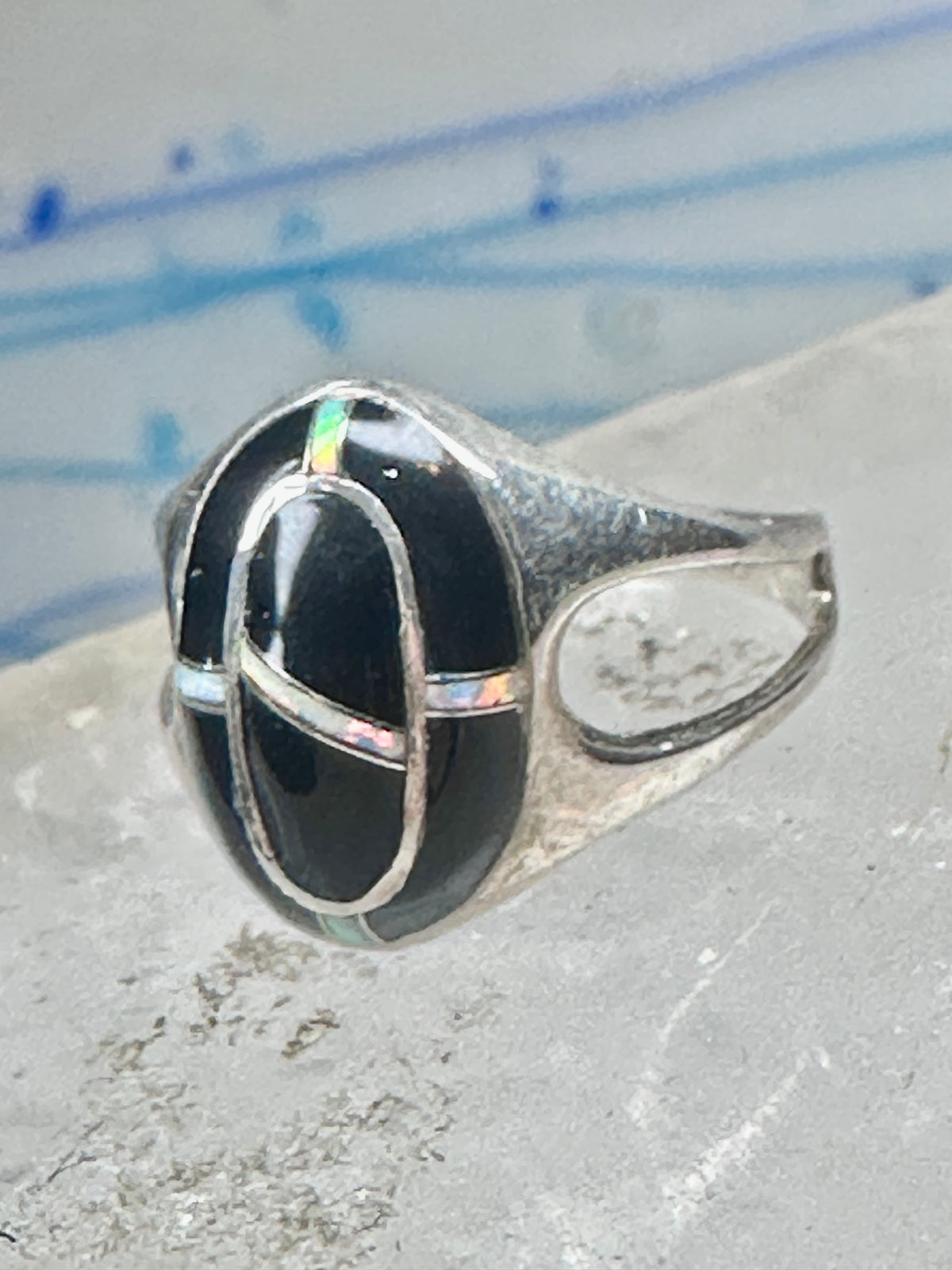 Vintage Sterling Silver Black Onyx Opal Inlay Oval Ring Size 7.75 4.7g 925