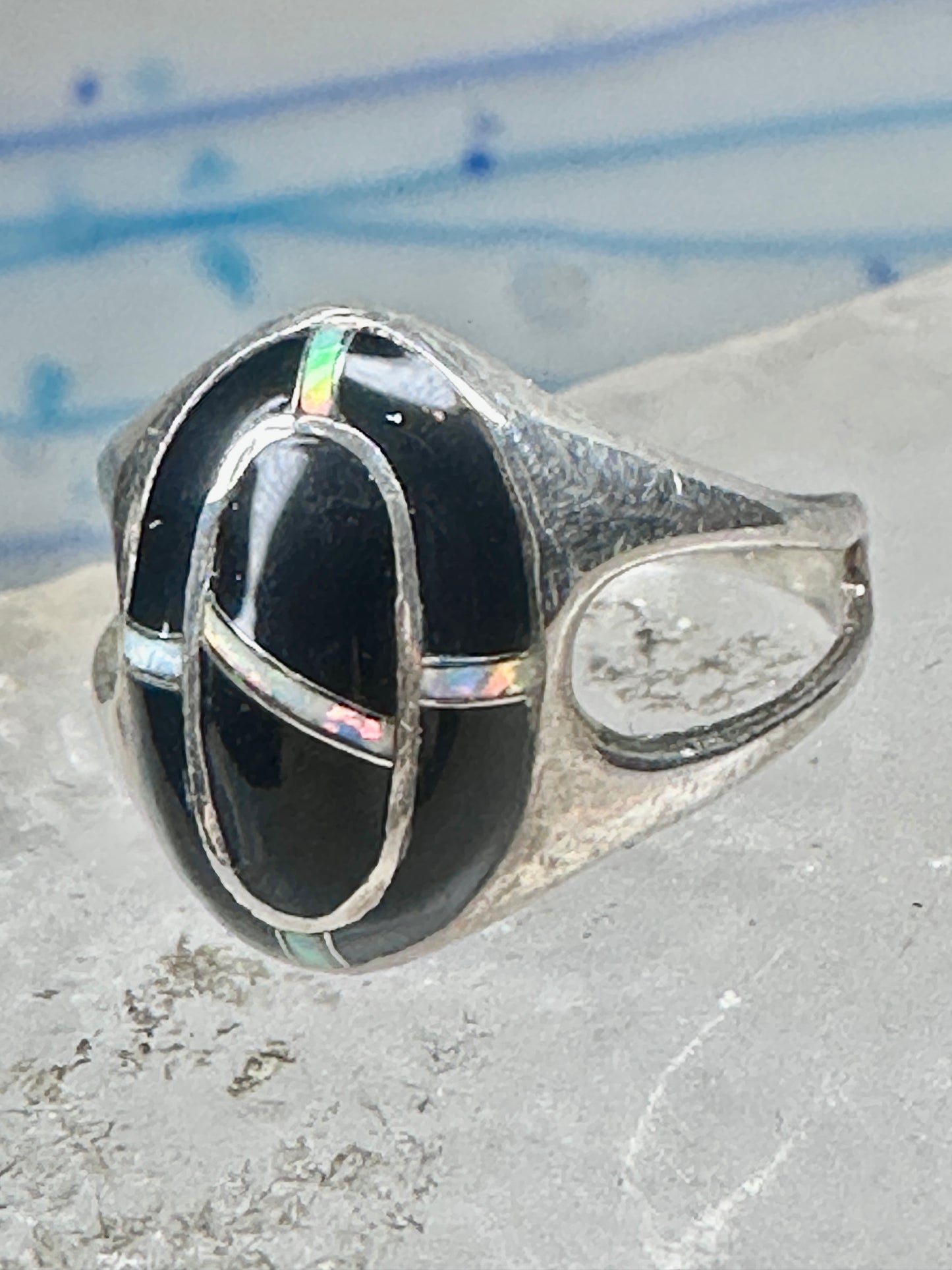 Vintage Sterling Silver Black Onyx Opal Inlay Oval Ring Size 7.75 4.7g 925