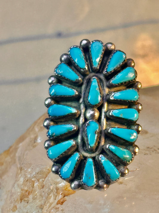 Long Zuni ring petite point vintage turquoise sterling silver size 5.75 wome