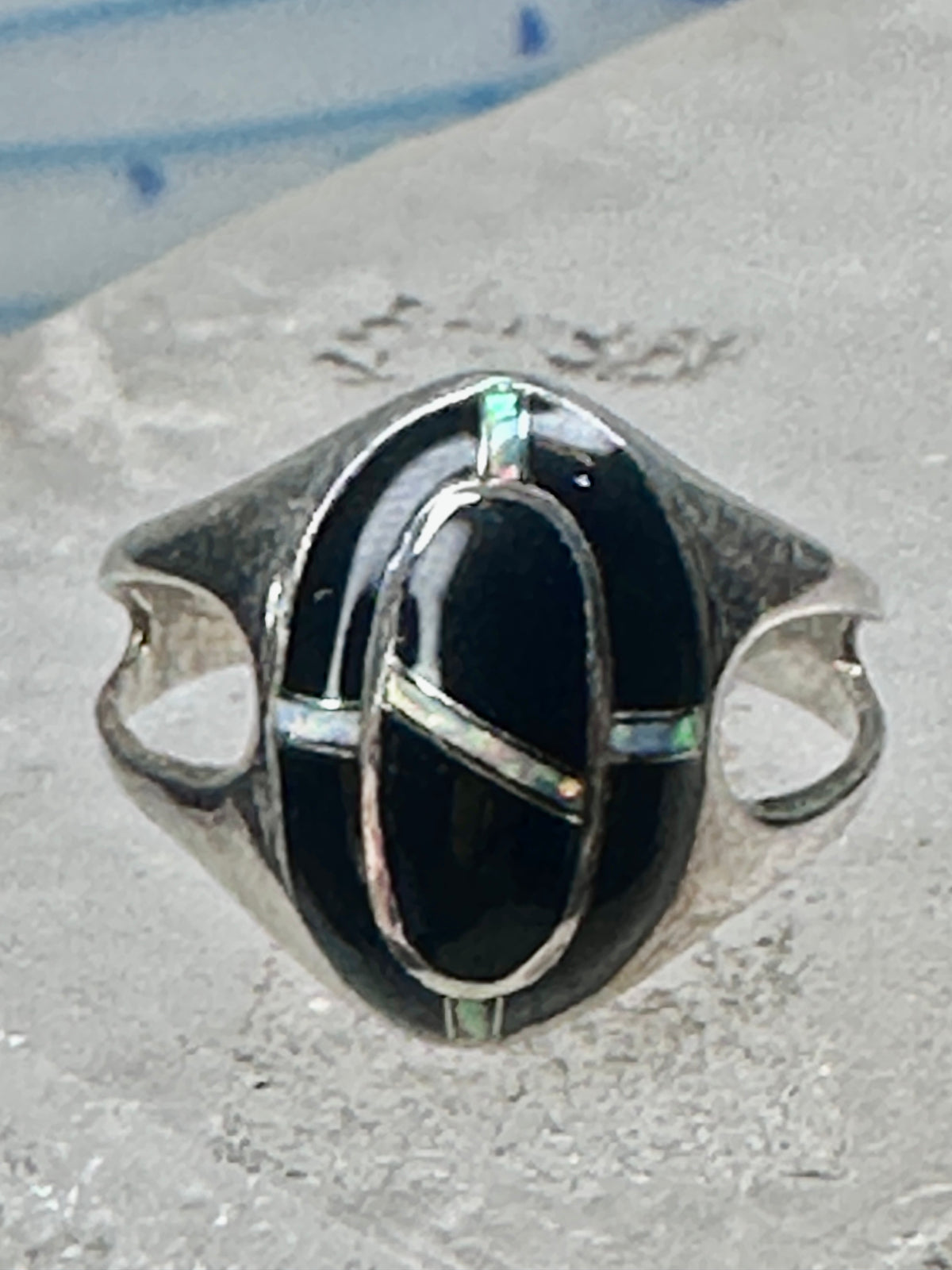 Vintage Sterling Silver Black Onyx Opal Inlay Oval Ring Size 7.75 4.7g 925