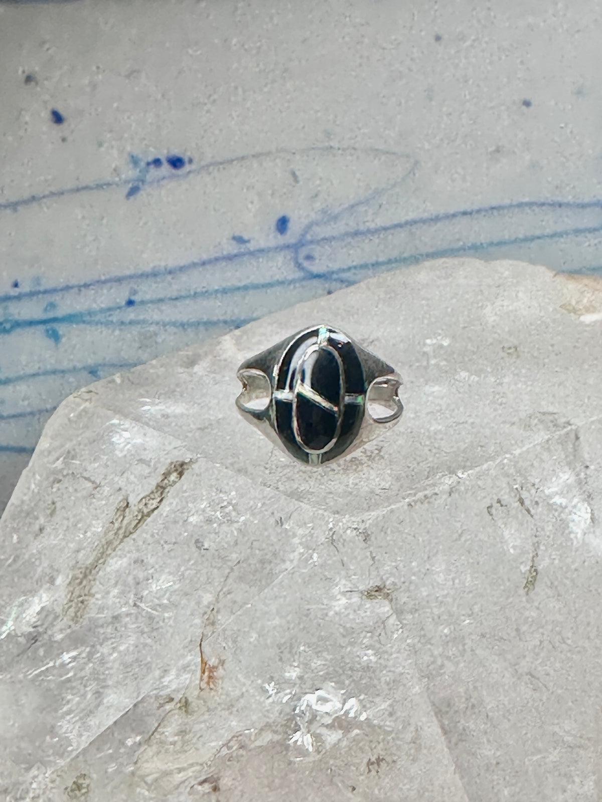 Vintage Sterling Silver Black Onyx Opal Inlay Oval Ring Size 7.75 4.7g 925