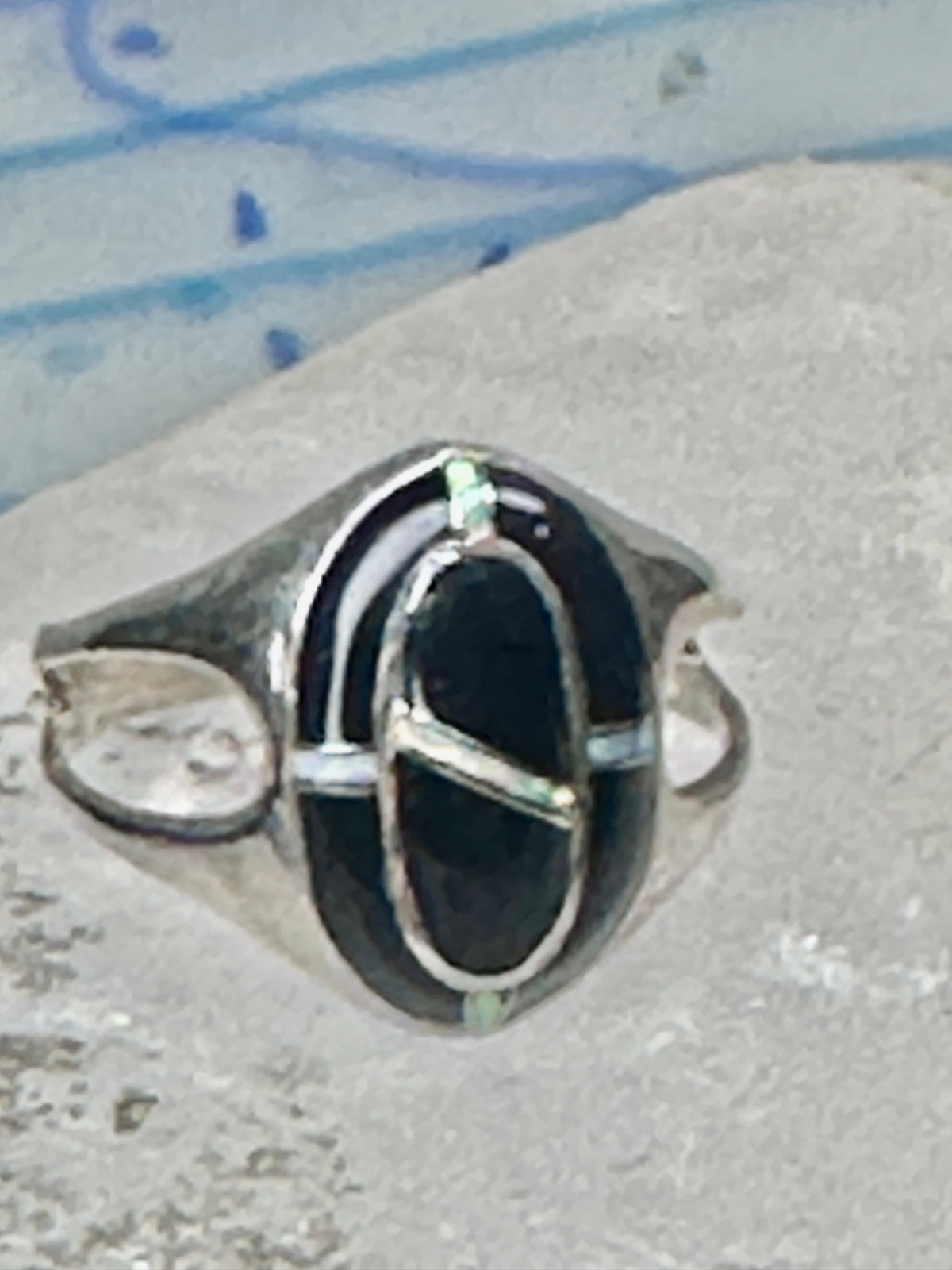 Vintage Sterling Silver Black Onyx Opal Inlay Oval Ring Size 7.75 4.7g 925