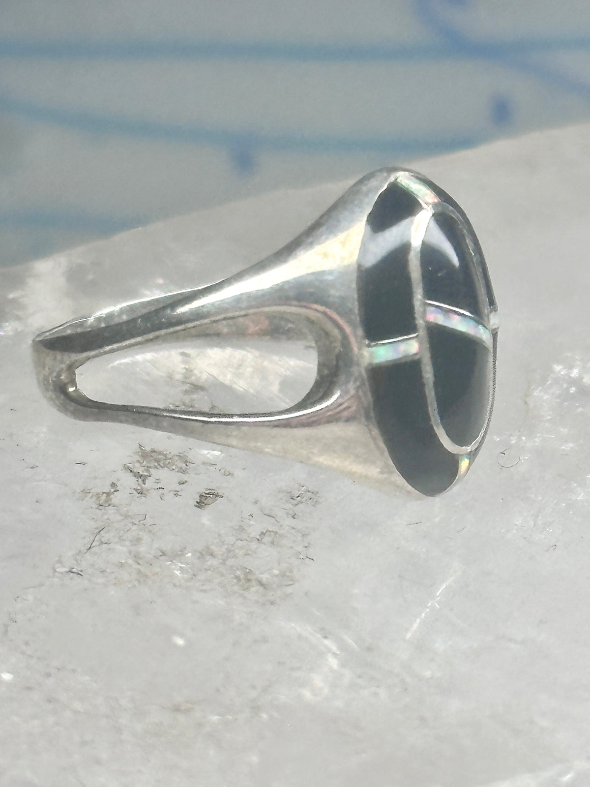 Vintage Sterling Silver Black Onyx Opal Inlay Oval Ring Size 7.75 4.7g 925