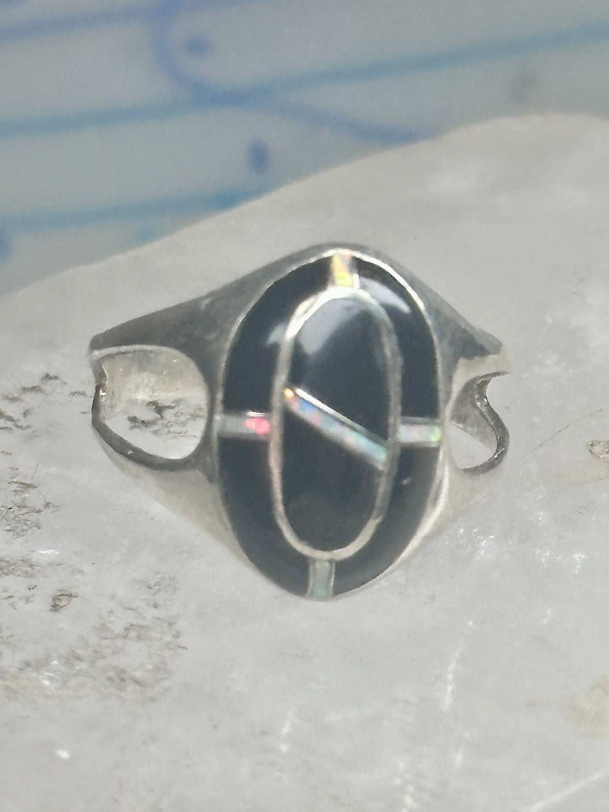 Vintage Sterling Silver Black Onyx Opal Inlay Oval Ring Size 7.75 4.7g 925