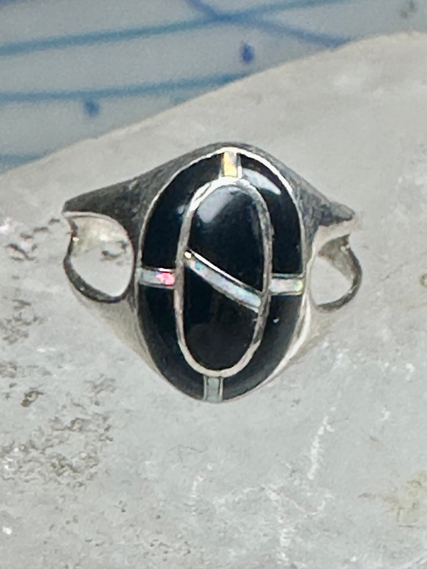 Vintage Sterling Silver Black Onyx Opal Inlay Oval Ring Size 7.75 4.7g 925