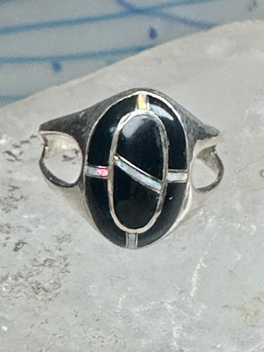 Vintage Sterling Silver Black Onyx Opal Inlay Oval Ring Size 7.75 4.7g 925