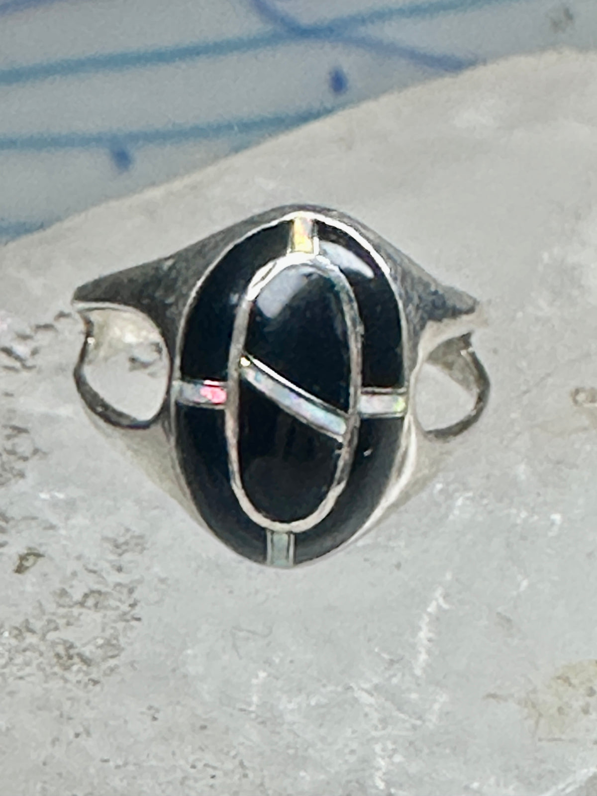 Vintage Sterling Silver Black Onyx Opal Inlay Oval Ring Size 7.75 4.7g 925