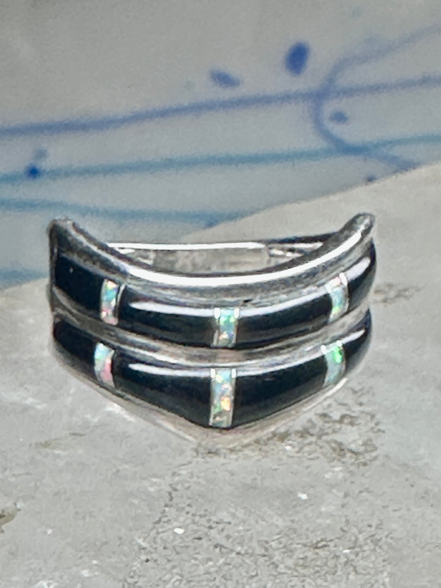 Vintage Sunbell Sterling Silver Black Onyx &amp; Opal Inlay Band Ring Size 7.75 4.7g
