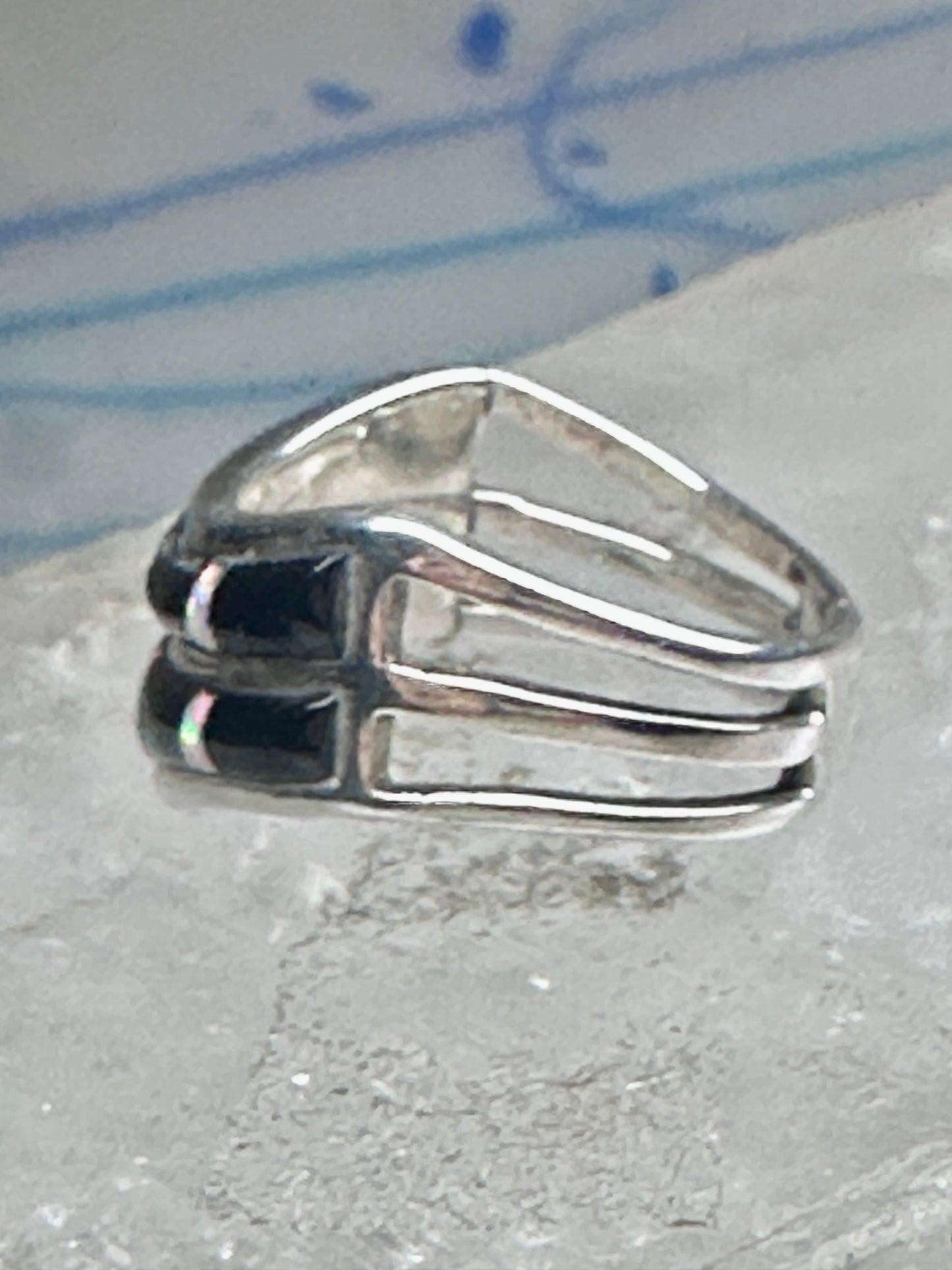 Vintage Sunbell Sterling Silver Black Onyx &amp; Opal Inlay Band Ring Size 7.75 4.7g
