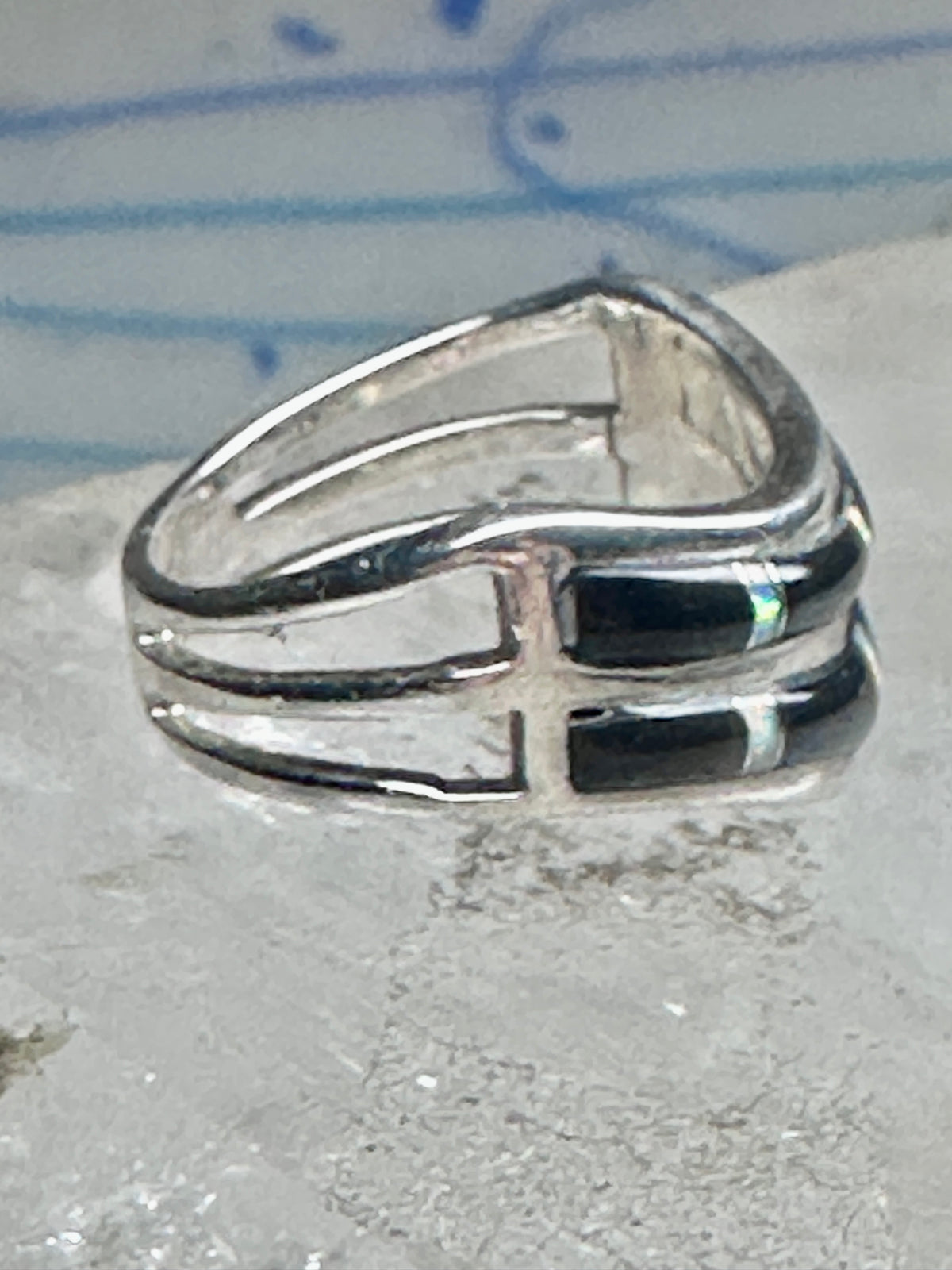 Vintage Sunbell Sterling Silver Black Onyx &amp; Opal Inlay Band Ring Size 7.75 4.7g