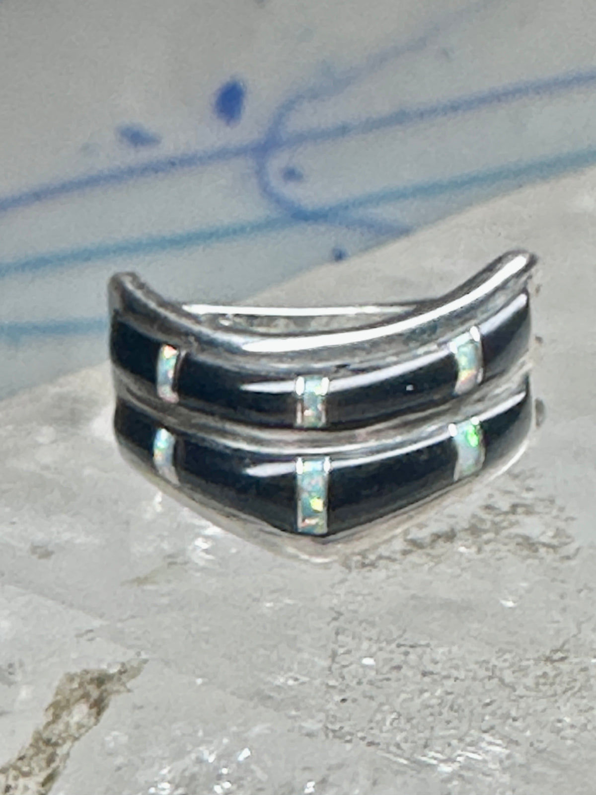 Vintage Sunbell Sterling Silver Black Onyx &amp; Opal Inlay Band Ring Size 7.75 4.7g