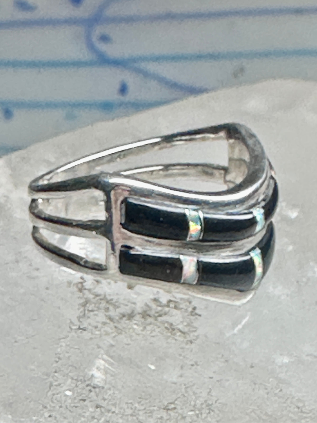 Vintage Sunbell Sterling Silver Black Onyx &amp; Opal Inlay Band Ring Size 7.75 4.7g