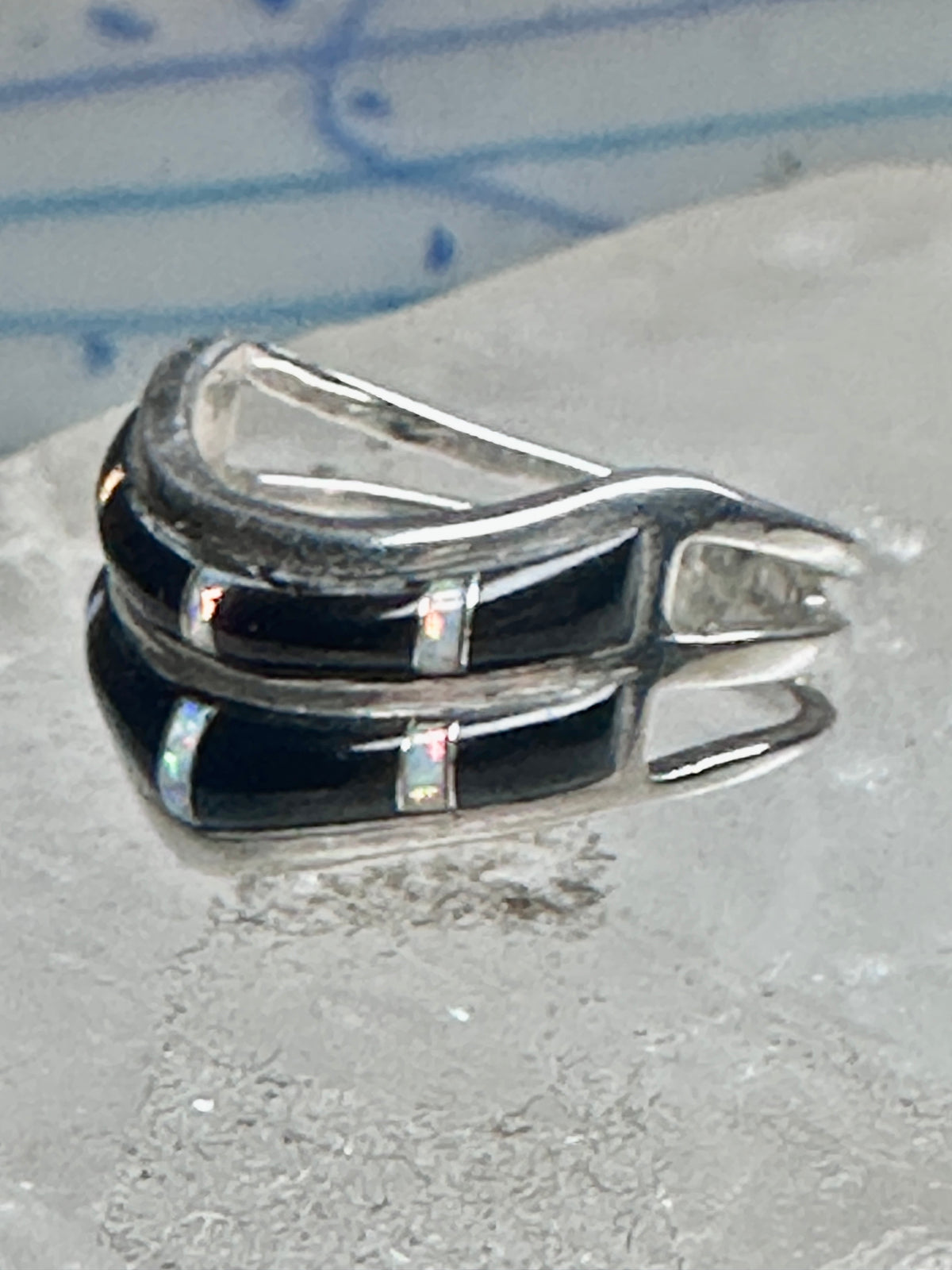Vintage Sunbell Sterling Silver Black Onyx &amp; Opal Inlay Band Ring Size 7.75 4.7g