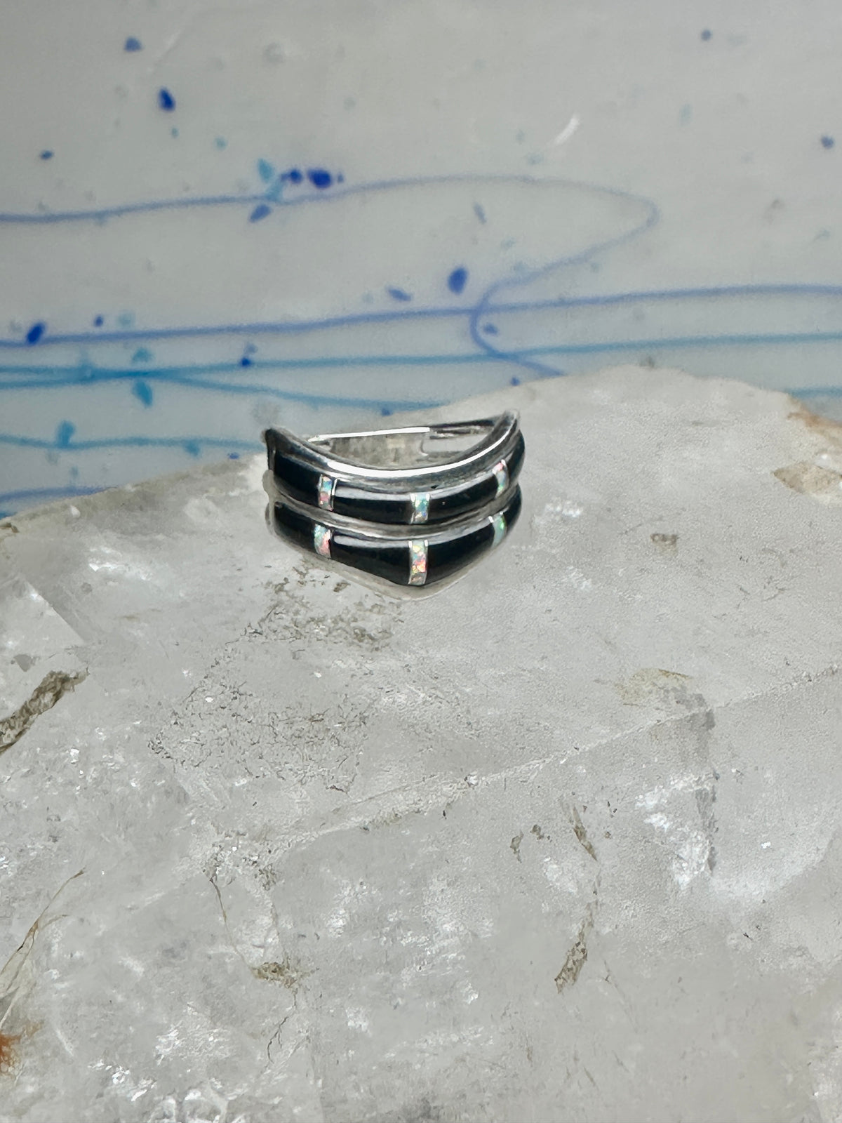 Vintage Sunbell Sterling Silver Black Onyx &amp; Opal Inlay Band Ring Size 7.75 4.7g