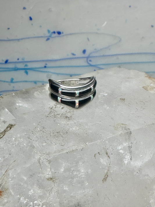 Vintage Sunbell Sterling Silver Black Onyx &amp; Opal Inlay Band Ring Size 7.75 4.7g