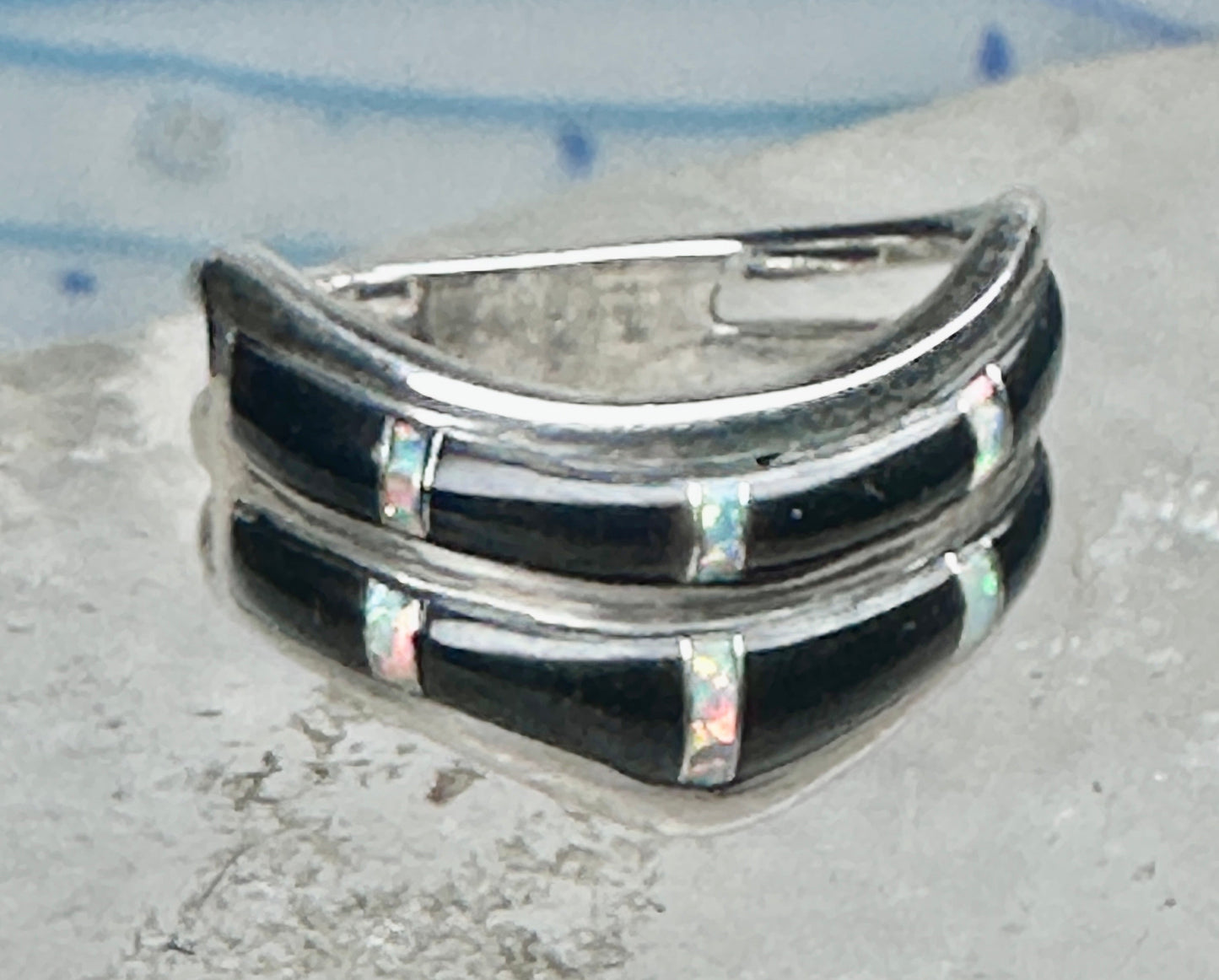 Vintage Sunbell Sterling Silver Black Onyx &amp; Opal Inlay Band Ring Size 7.75 4.7g