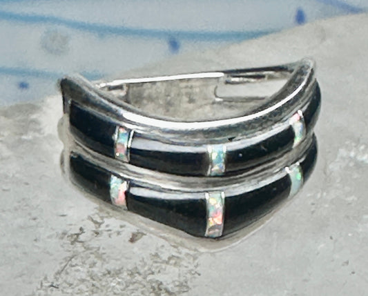Vintage Sunbell Sterling Silver Black Onyx &amp; Opal Inlay Band Ring Size 7.75 4.7g