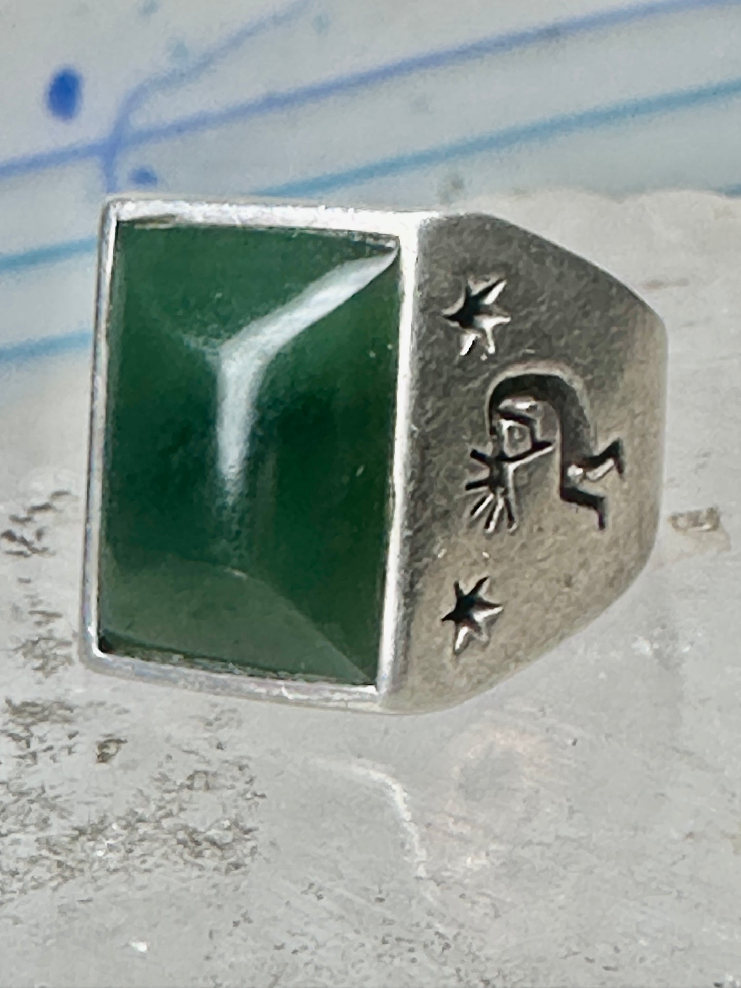 Vintage Signed Townsend Sterling Silver Green Jade Kokopelli Signet Ring Size 9 18.4g 925