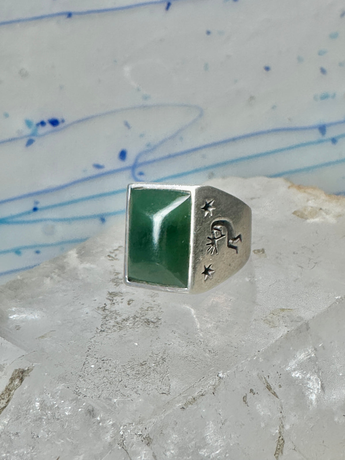 Vintage Signed Townsend Sterling Silver Green Jade Kokopelli Signet Ring Size 9 18.4g 925