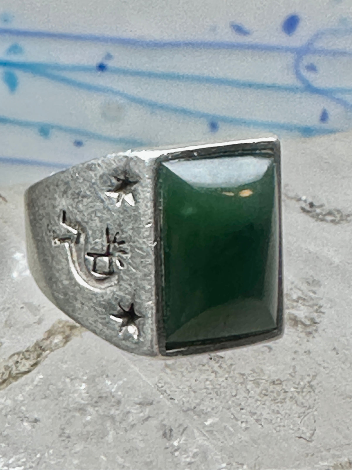 Vintage Signed Townsend Sterling Silver Green Jade Kokopelli Signet Ring Size 9 18.4g 925