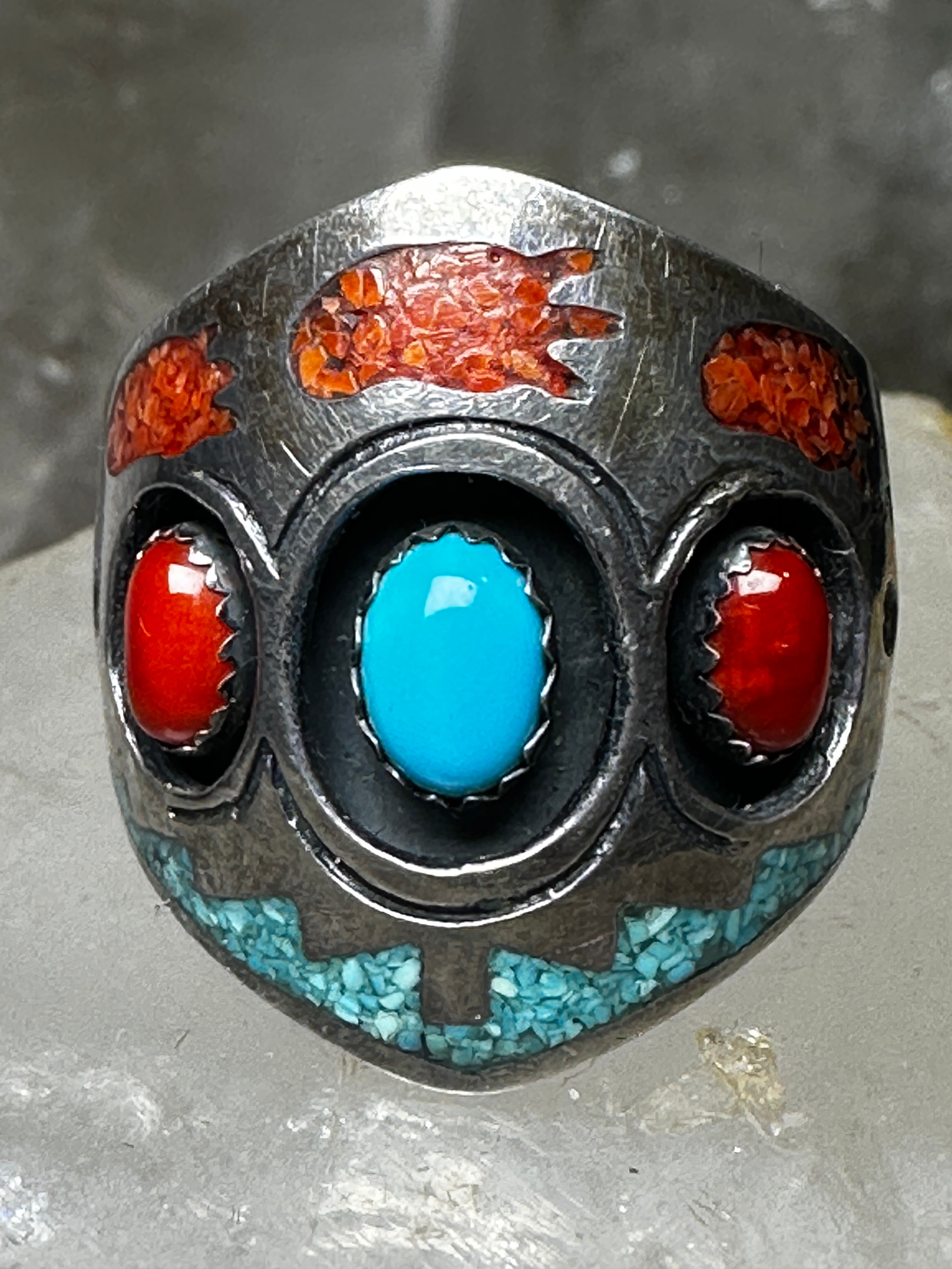 Turquoise ring coral Navajo Roie Jaque size 9.50 sterling silver