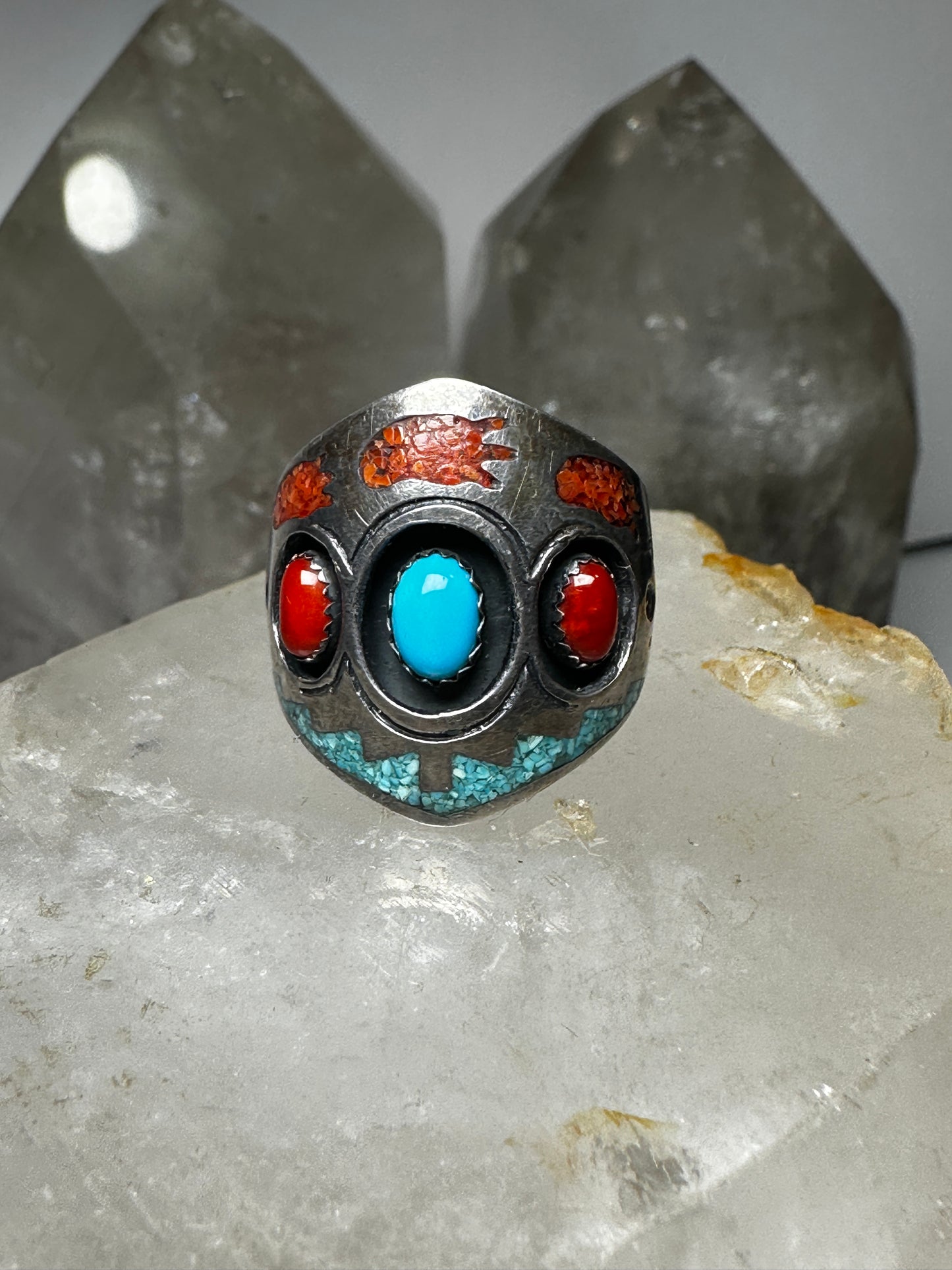 Turquoise ring coral Navajo Roie Jaque size 9.50 sterling silver women