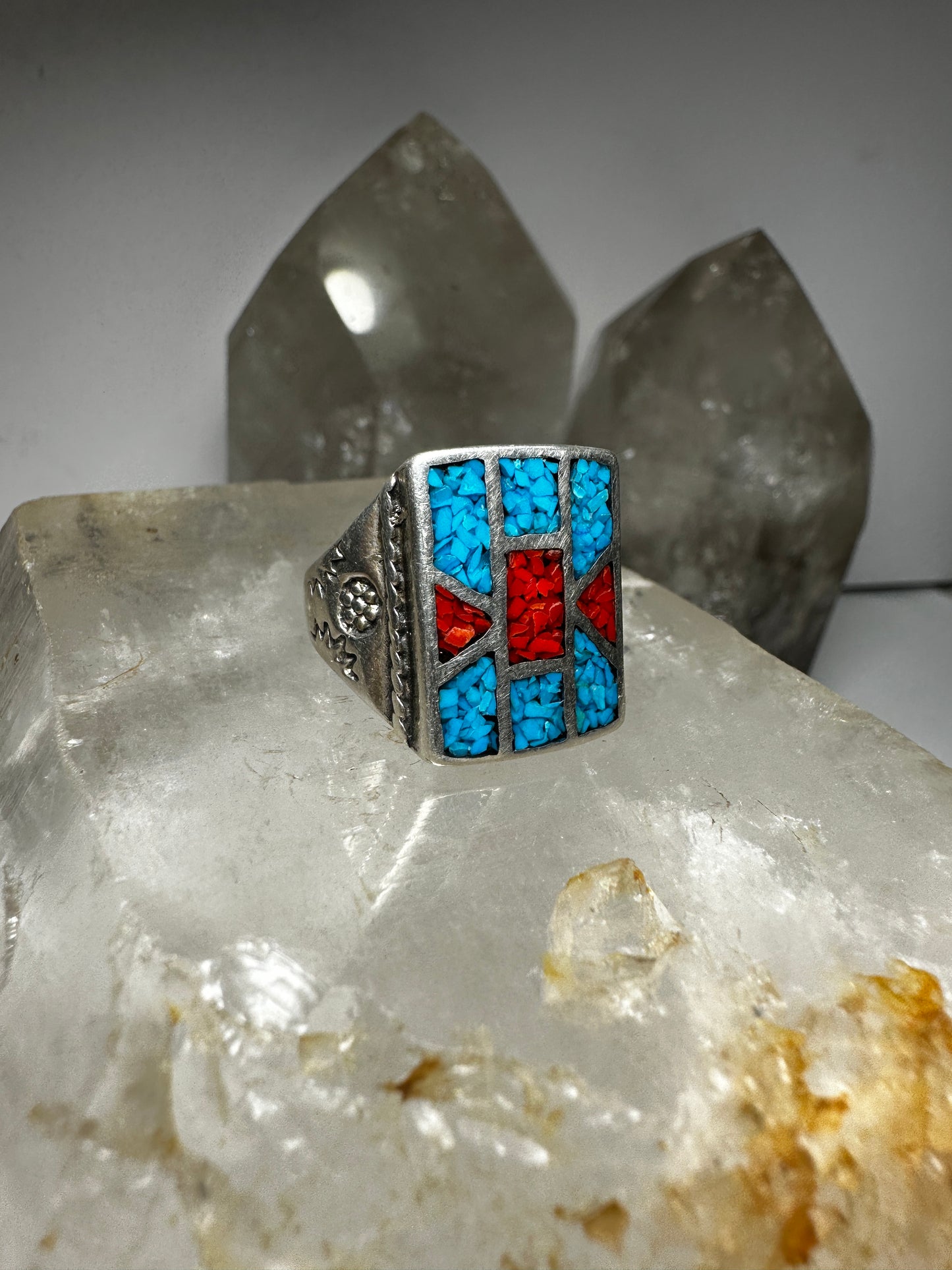 Turquoise chips coral souhwest ? band  size 8.75 sterling silver women men