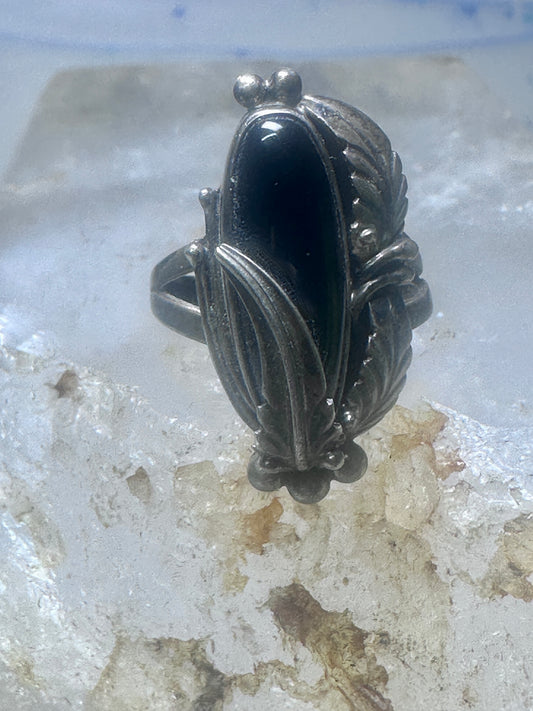 Navajo ring onyx Nakai feather leaves size 5 sterling silver women girls