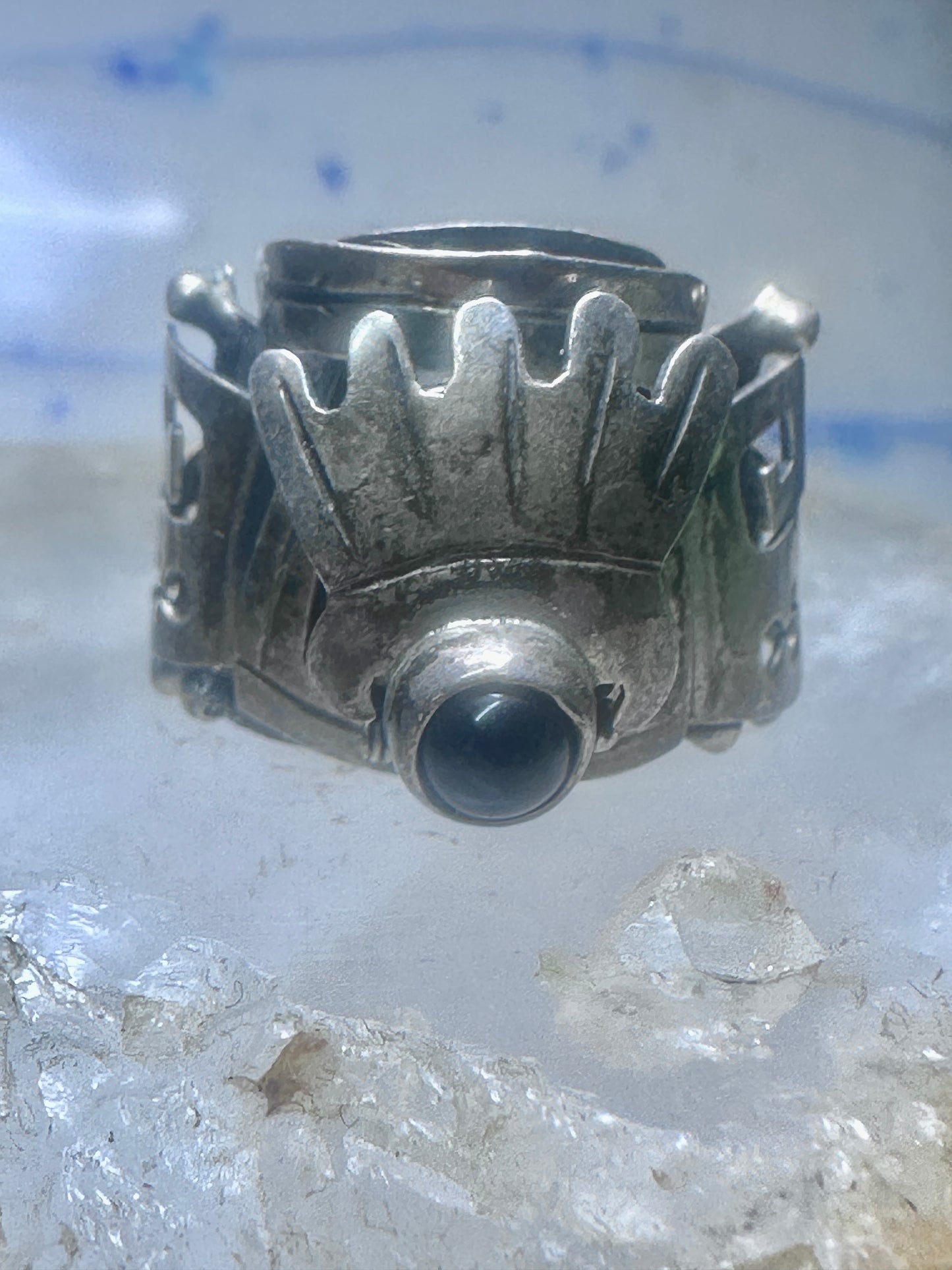 Poison ring onyx Aztec Mayan design size 8.5 sterling silver women girls