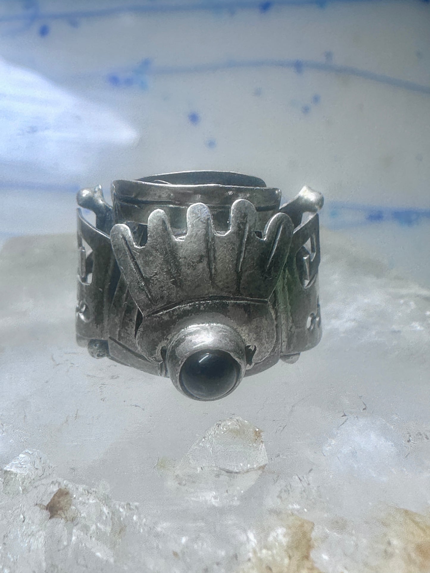 Poison ring onyx Aztec Mayan design size 8.5 sterling silver women girls