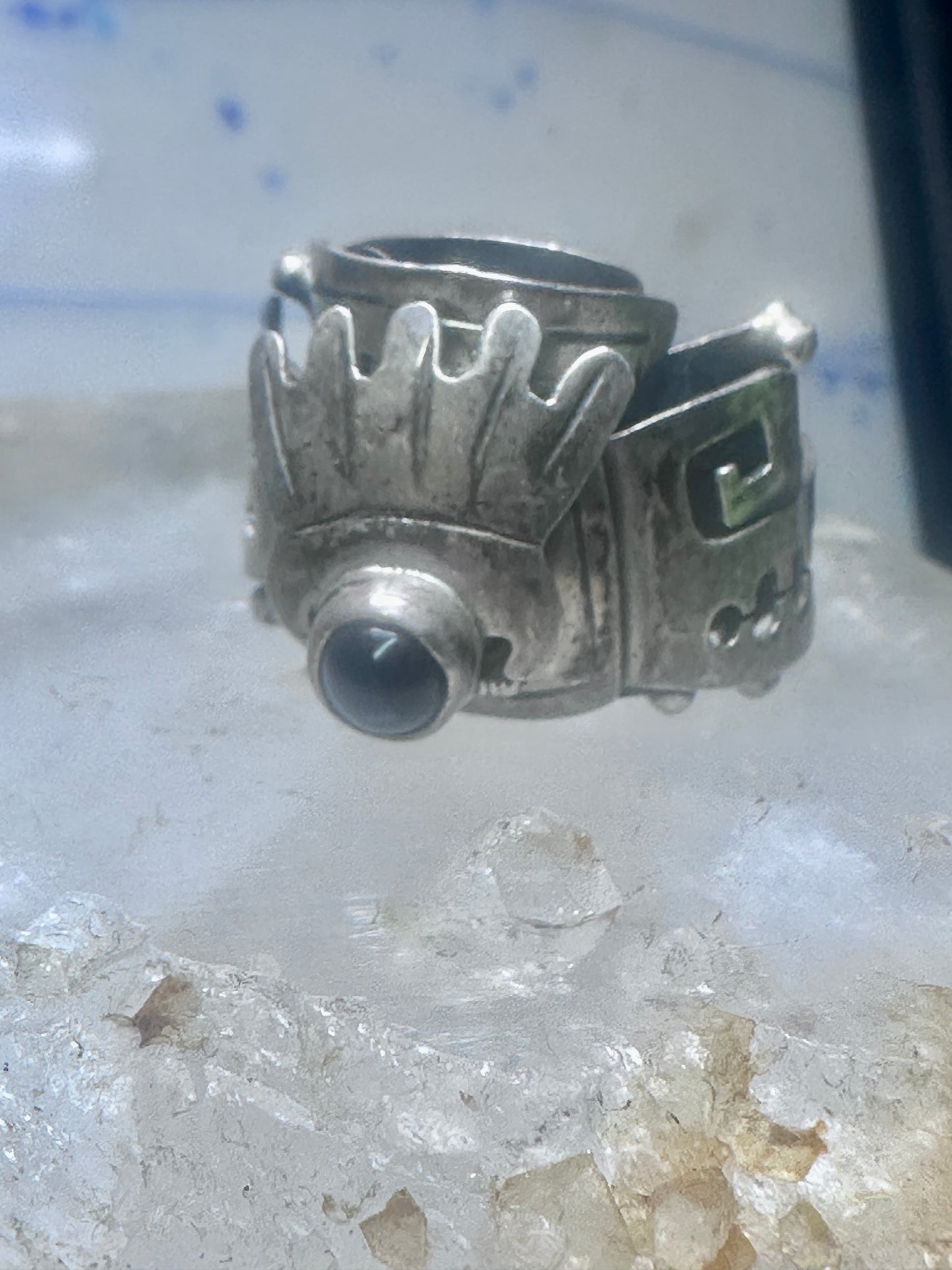 Poison ring onyx Aztec Mayan design size 8.5 sterling silver women girls