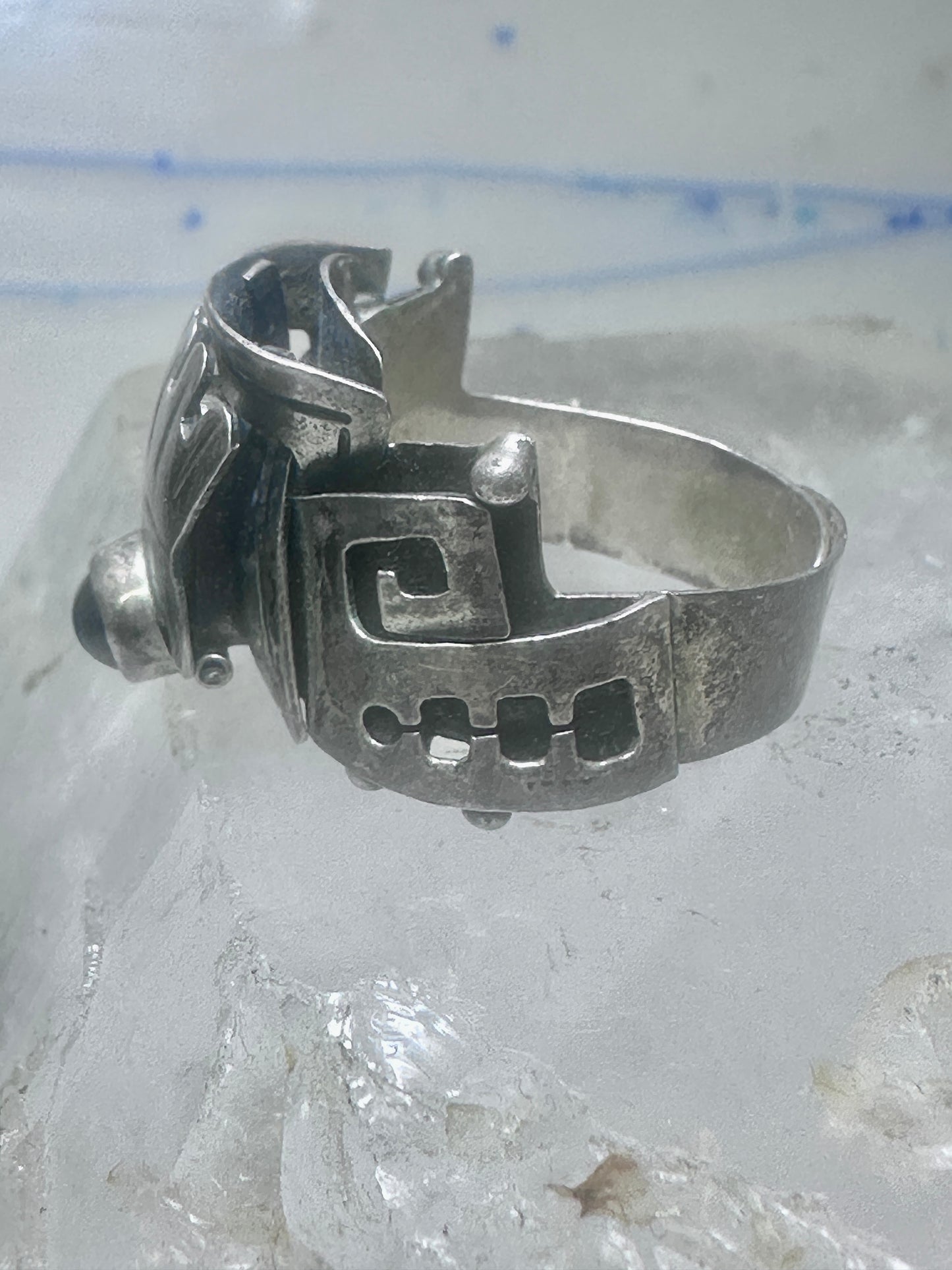 Poison ring onyx Aztec Mayan design size 8.5 sterling silver women girls