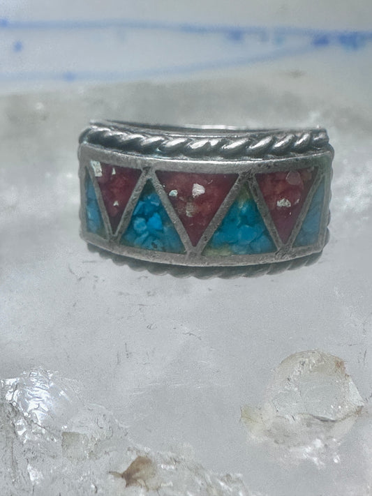 Zuni ring wedding band  sterling silver Turquoise Coral chips size 9 men women