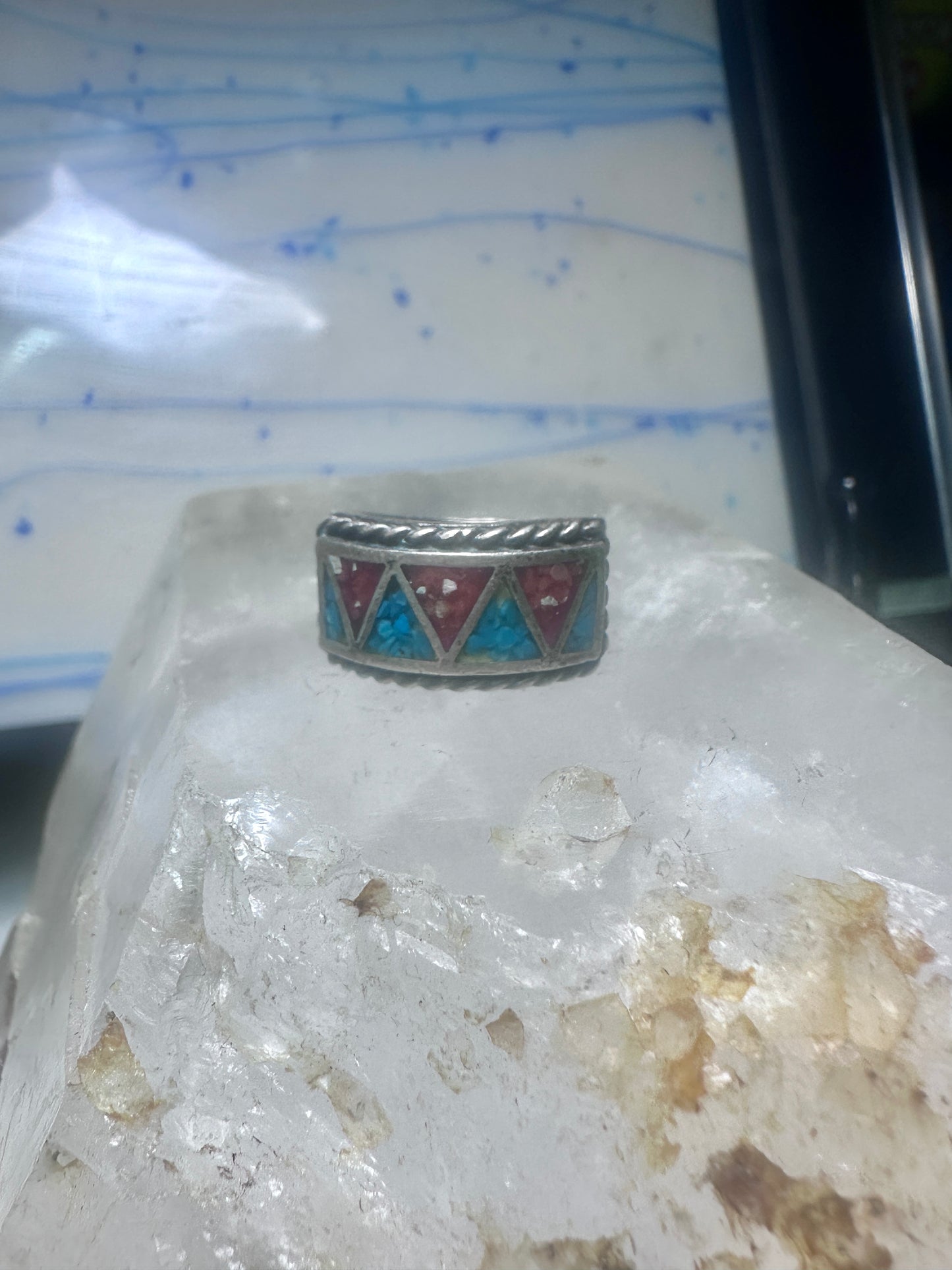 Zuni ring wedding band  sterling silver Turquoise Coral chips size 9 men women