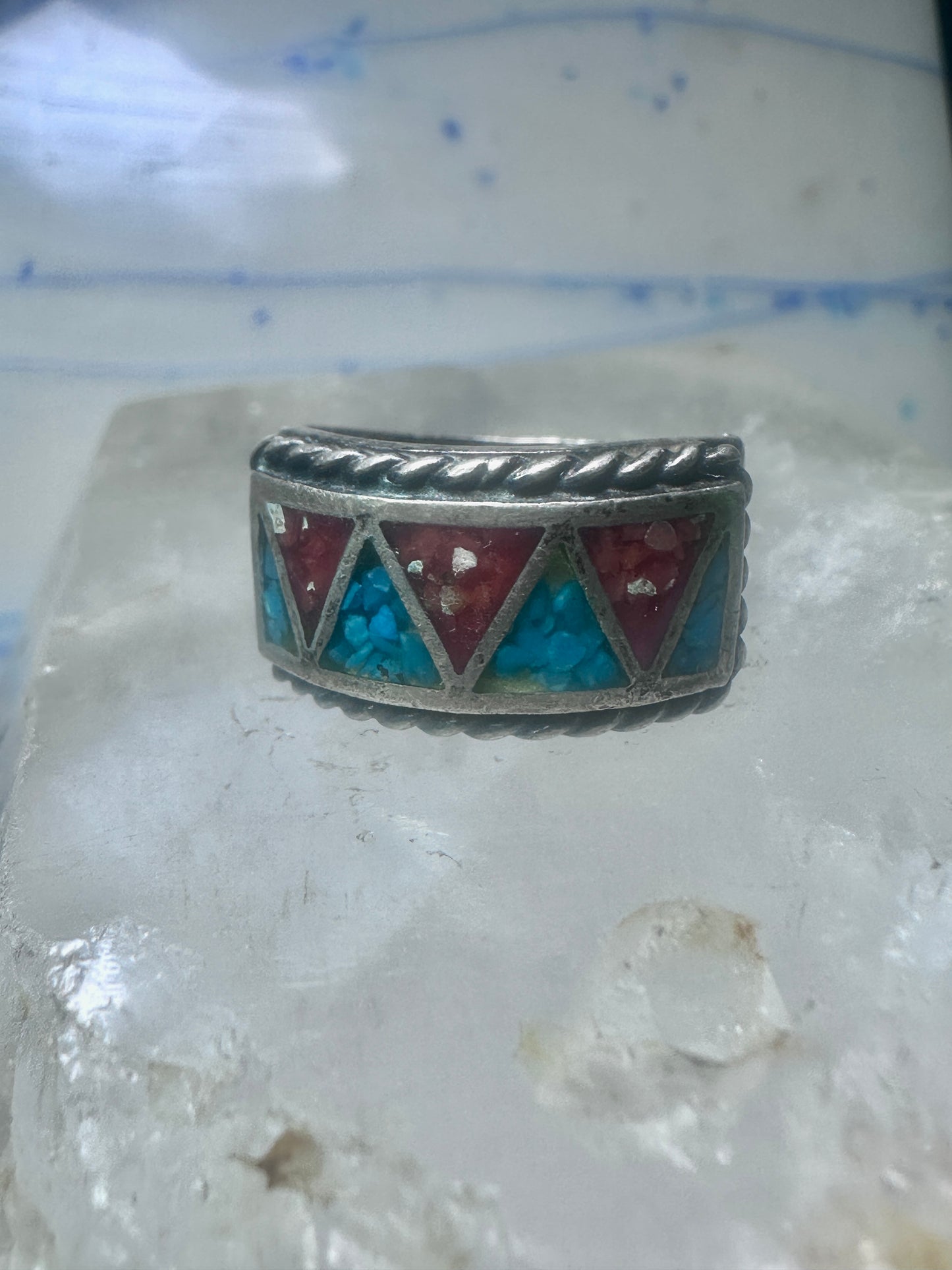 Zuni ring wedding band  sterling silver Turquoise Coral chips size 9 men women