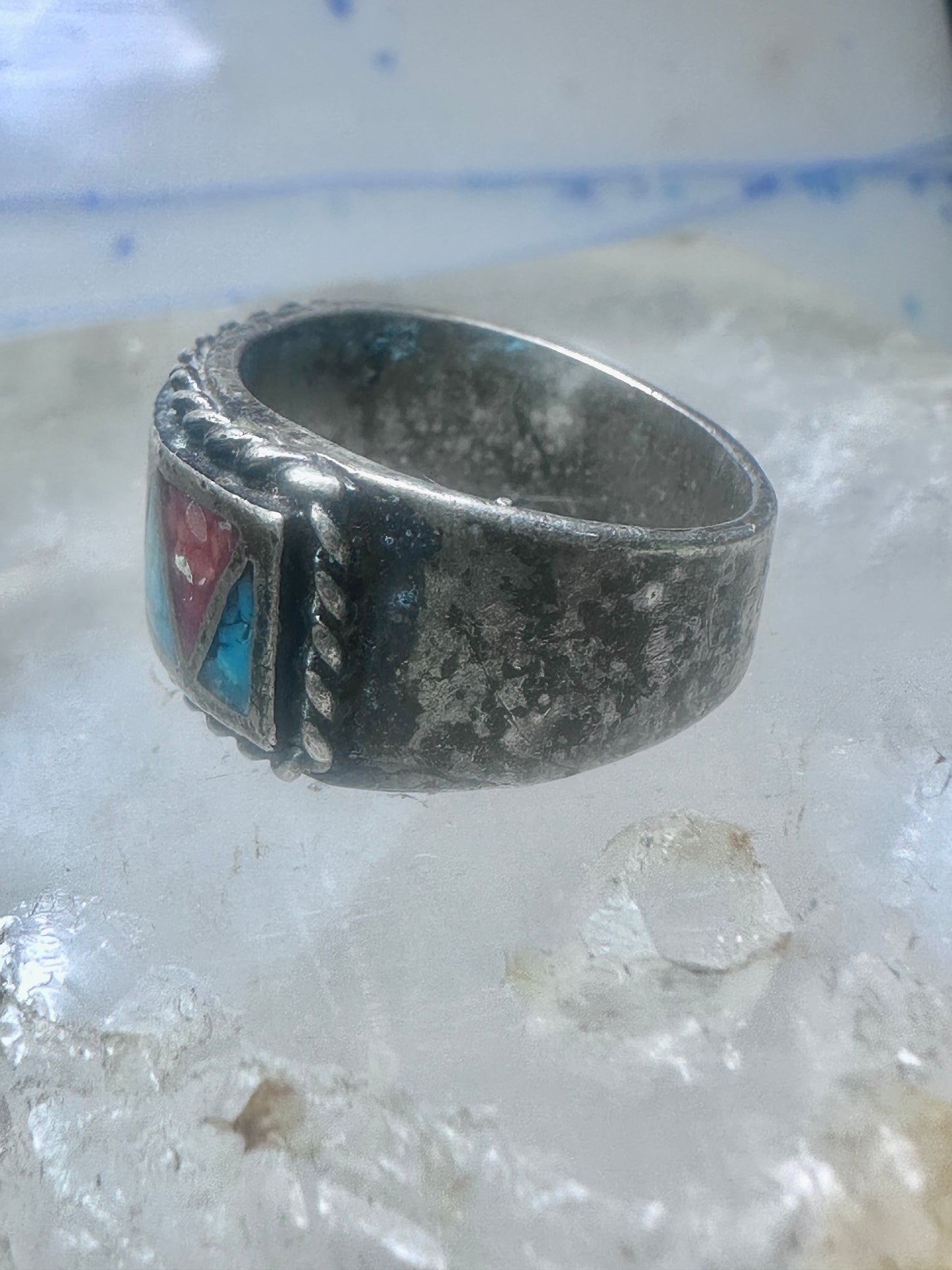 Zuni ring wedding band  sterling silver Turquoise Coral chips size 9 men women
