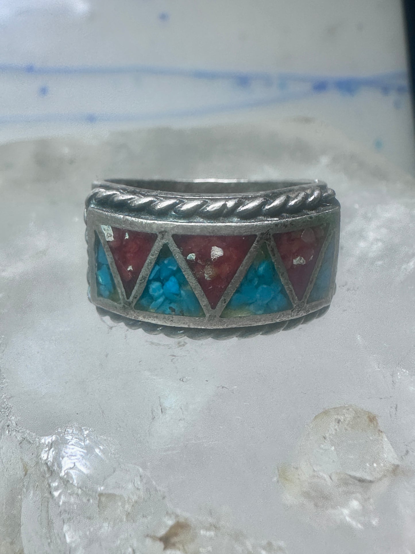 Zuni ring wedding band  sterling silver Turquoise Coral chips size 9 men women