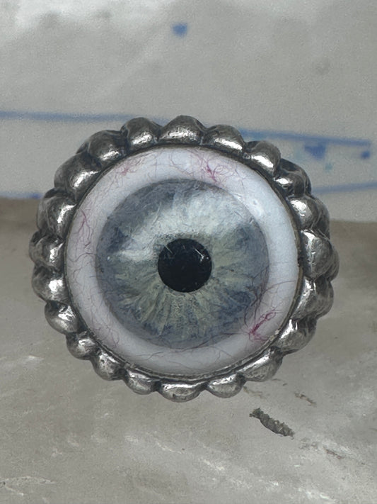 Vintage Sterling Silver Glass Eye Brutalist Statement Ring Unisex Size 10 925