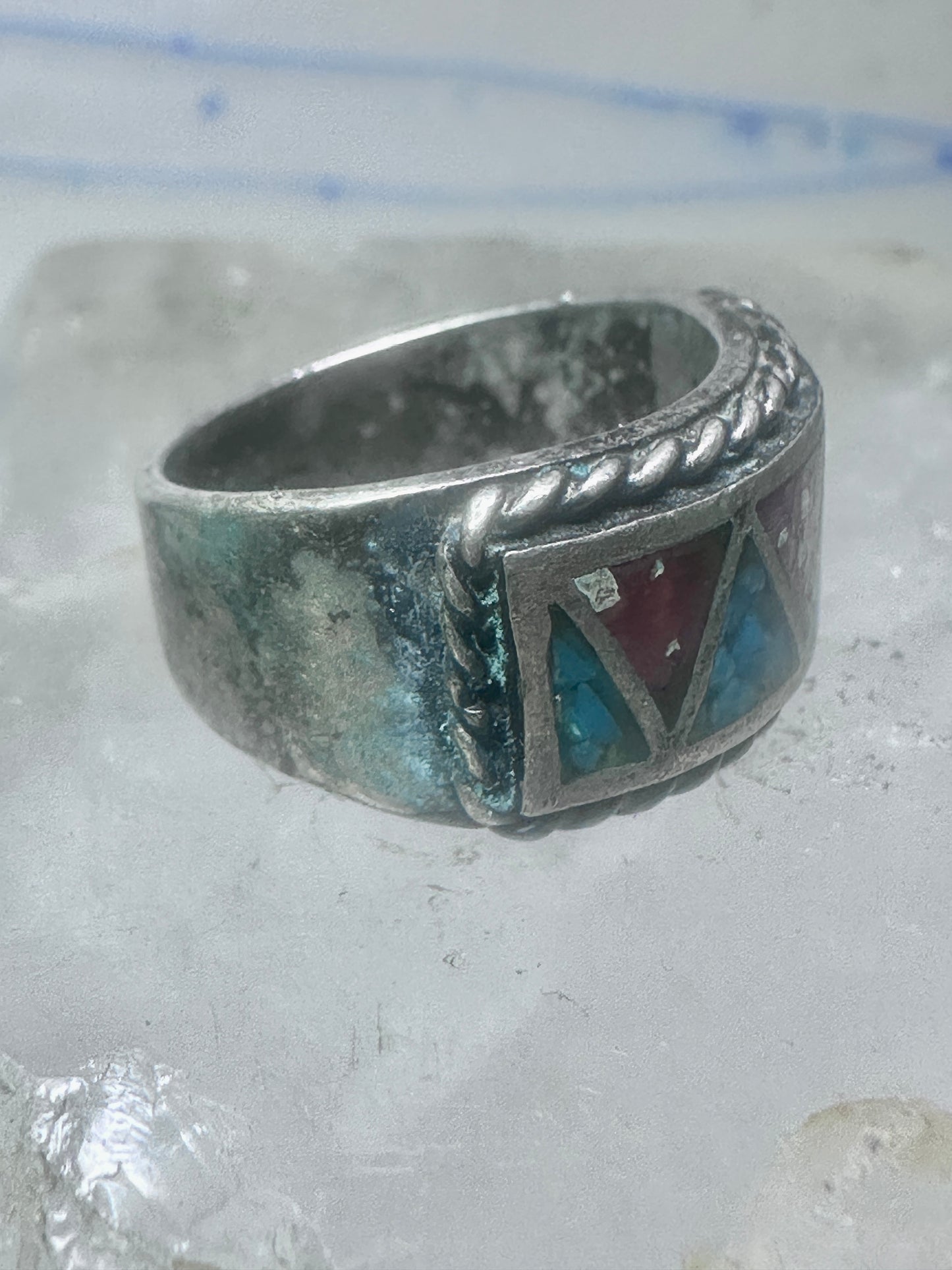 Zuni ring wedding band  sterling silver Turquoise Coral chips size 9 men women