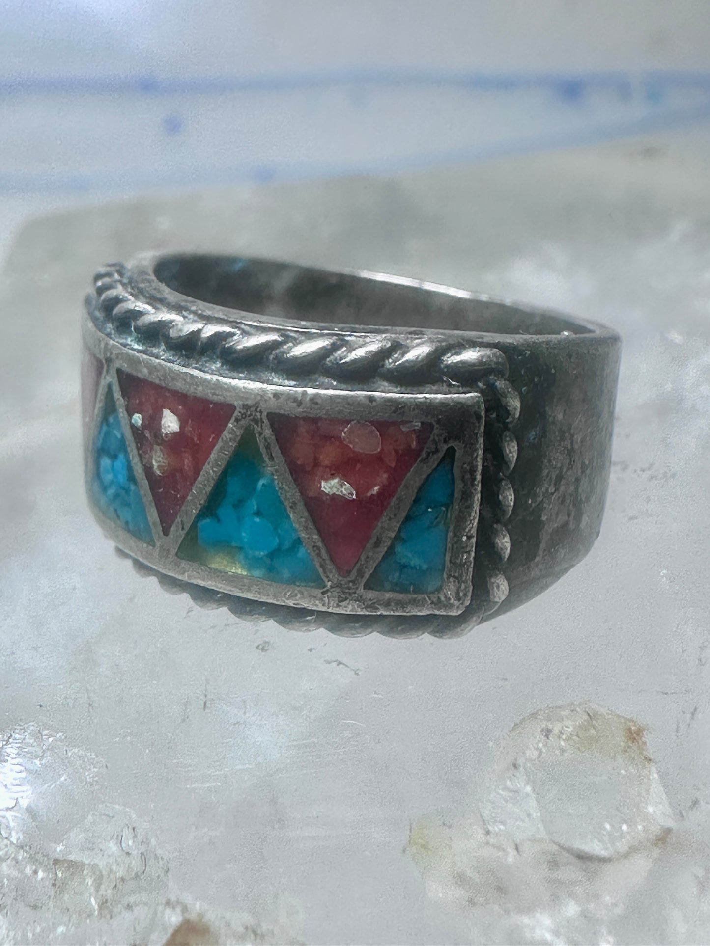 Zuni ring wedding band  sterling silver Turquoise Coral chips size 9 men women