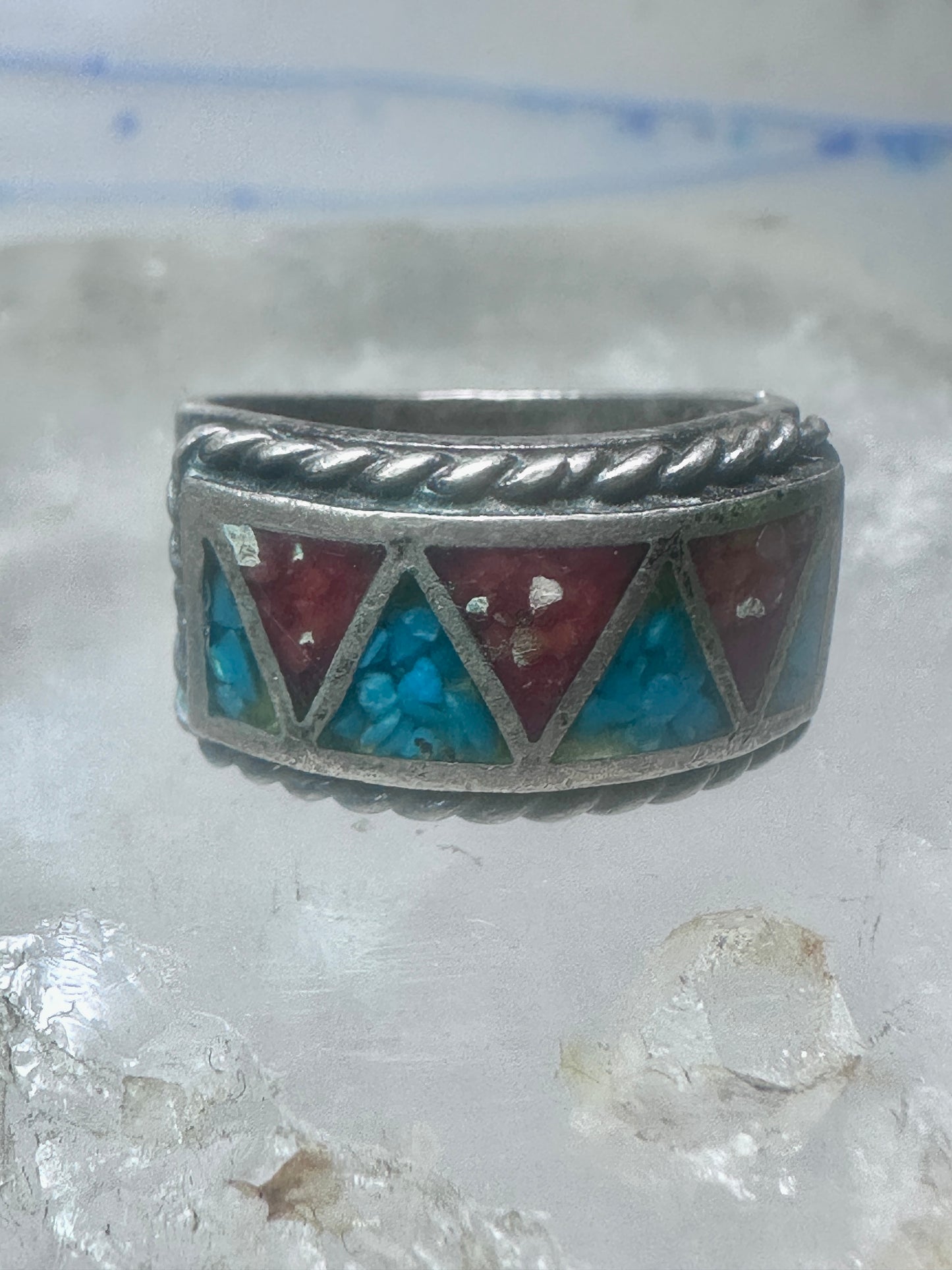 Zuni ring wedding band  sterling silver Turquoise Coral chips size 9 men women