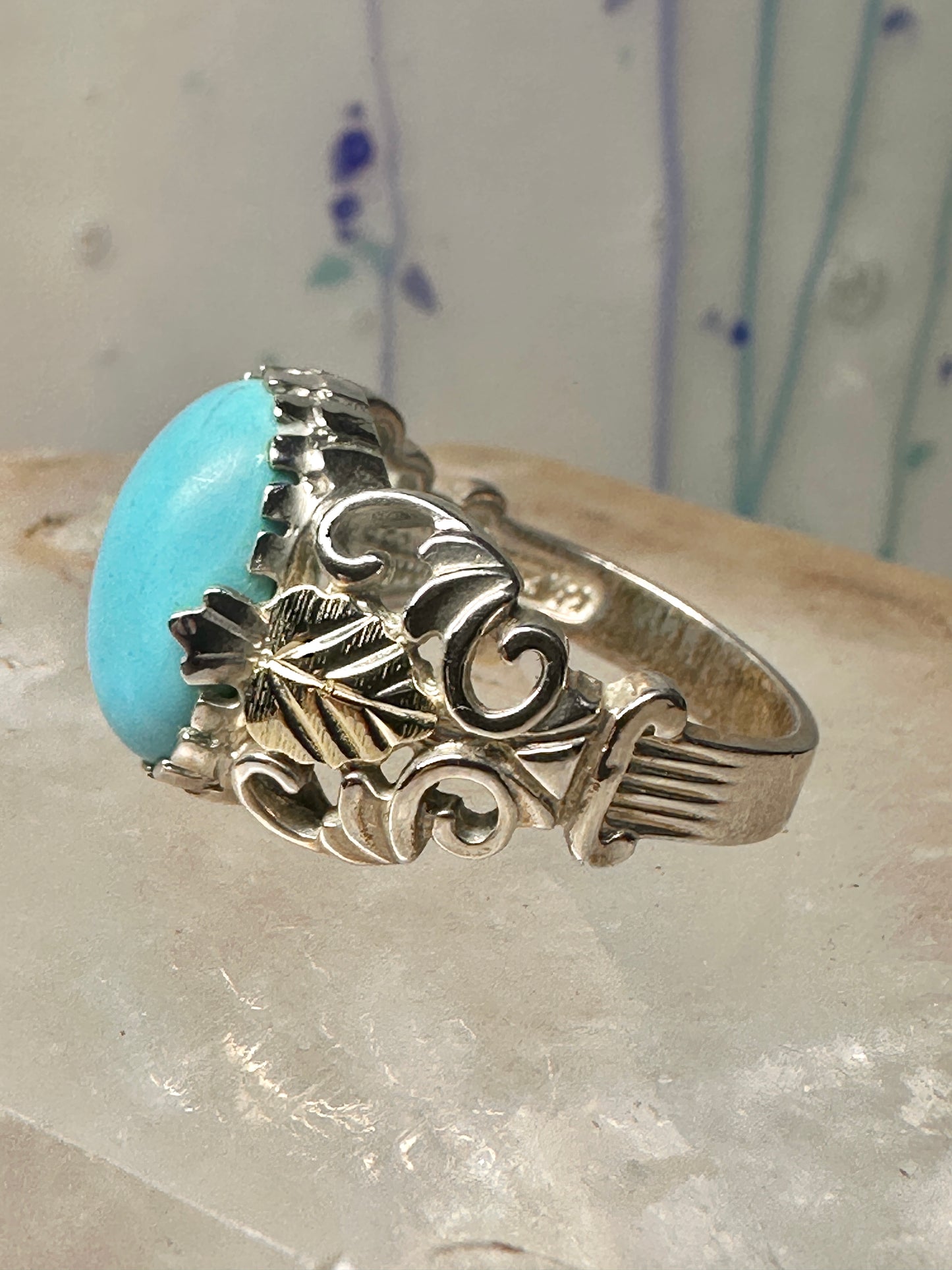 Black Hills Gold ring size 8 turquoise leaves band sterling silver 12K women