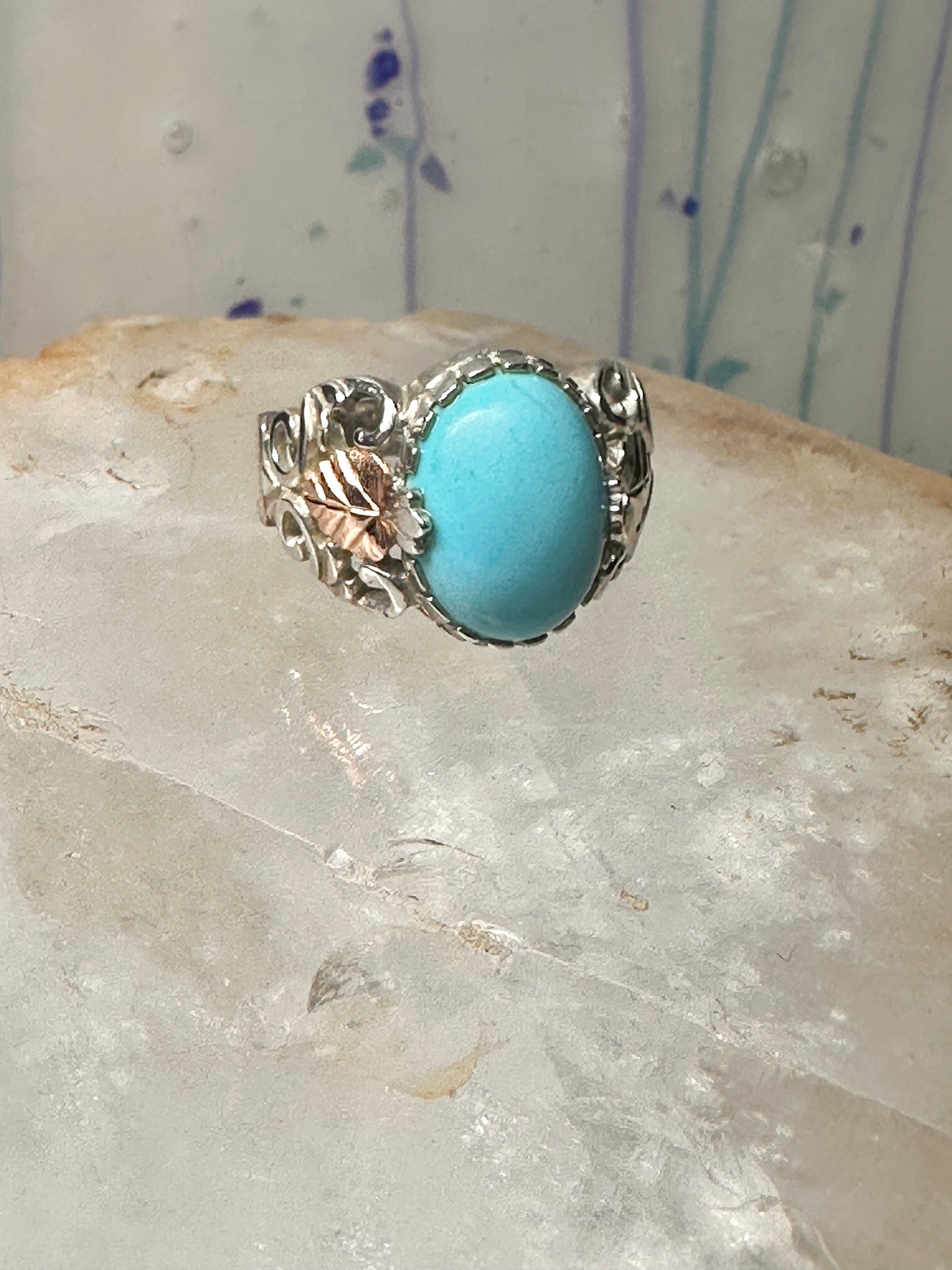 Black Hills Gold ring size 8 turquoise leaves band sterling silver 12K women
