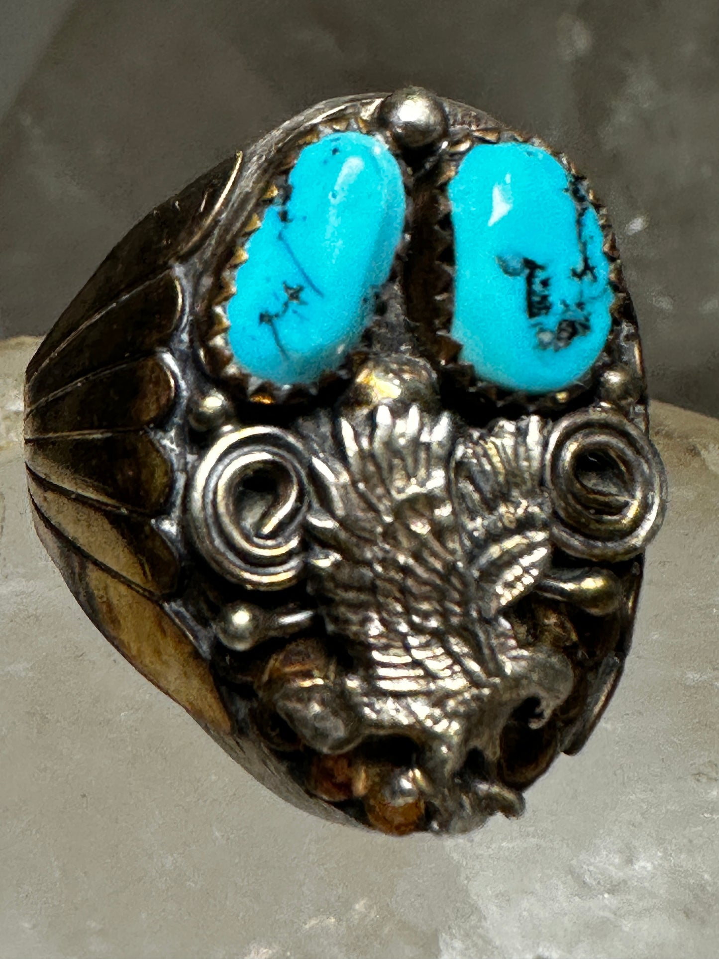 Eagle ring size 12 Navajo signed AL turquoise  sterling silver women men