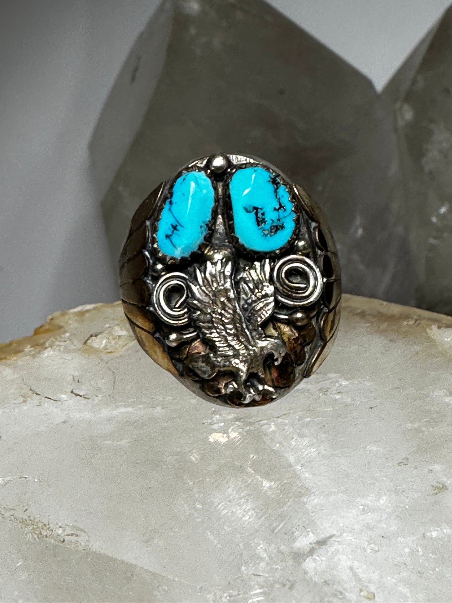 Eagle ring size 12 Navajo signed AL turquoise  sterling silver women men