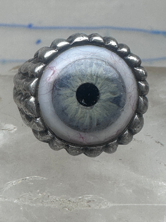 Vintage Sterling Silver Glass Eye Brutalist Statement Ring Unisex Size 10 925