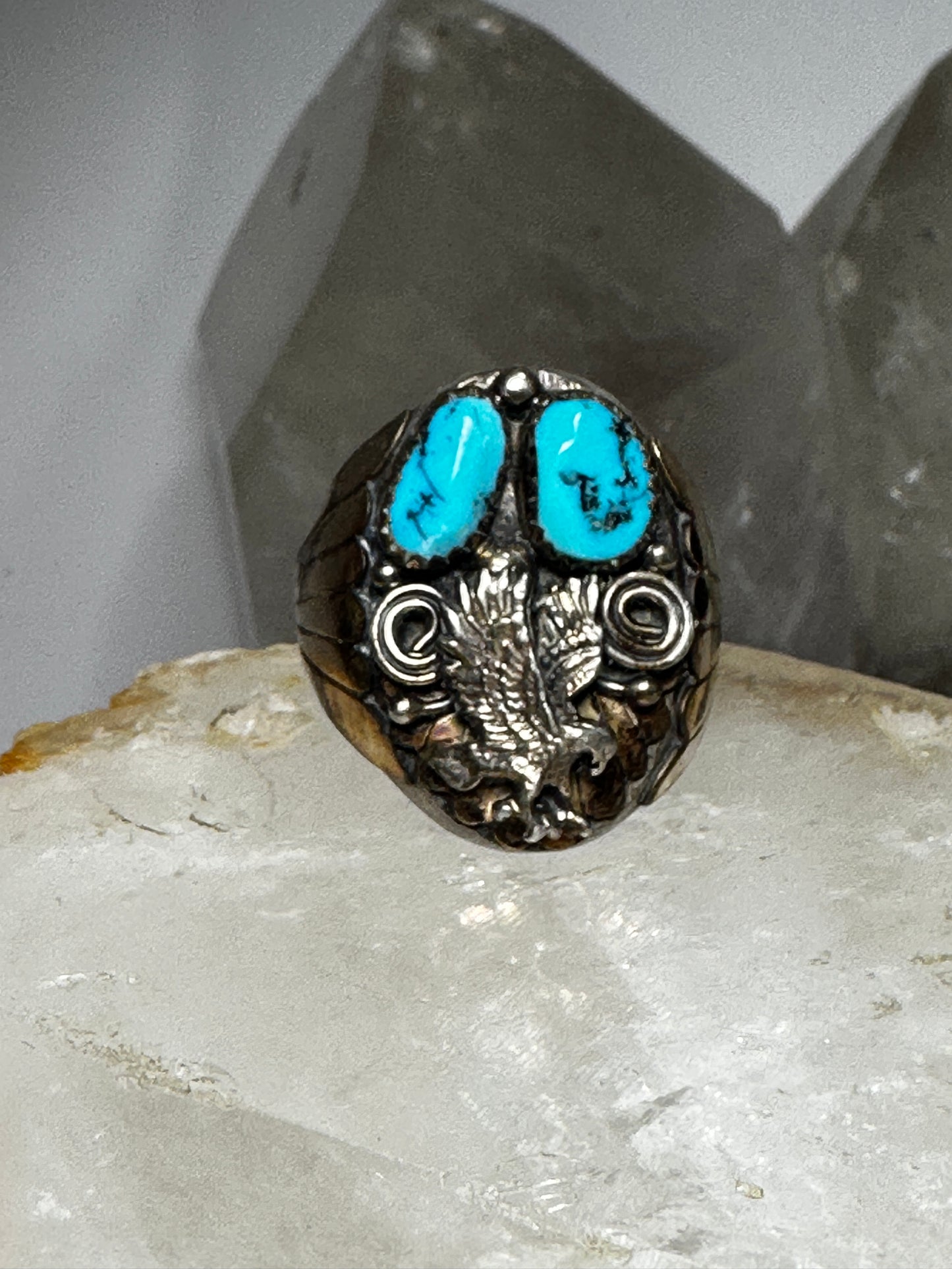 Eagle ring size 12 Navajo signed AL turquoise  sterling silver women men