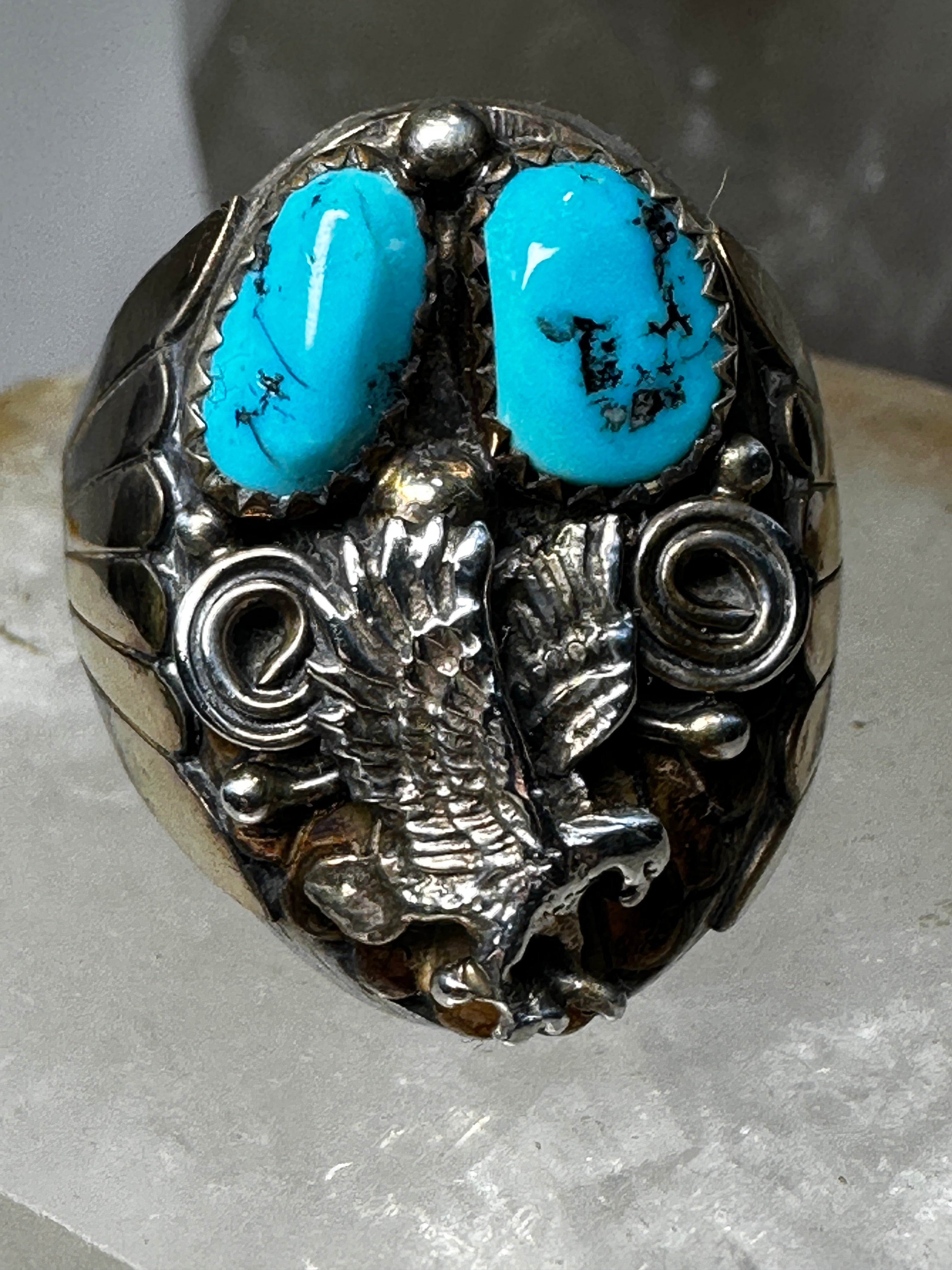 Navajo Signed E Arrow Large Turquoise Stone on Sterling Silver outlet Hand Tooled Ring Size 8 1/4 US Vintage Native American Southwestern TB72