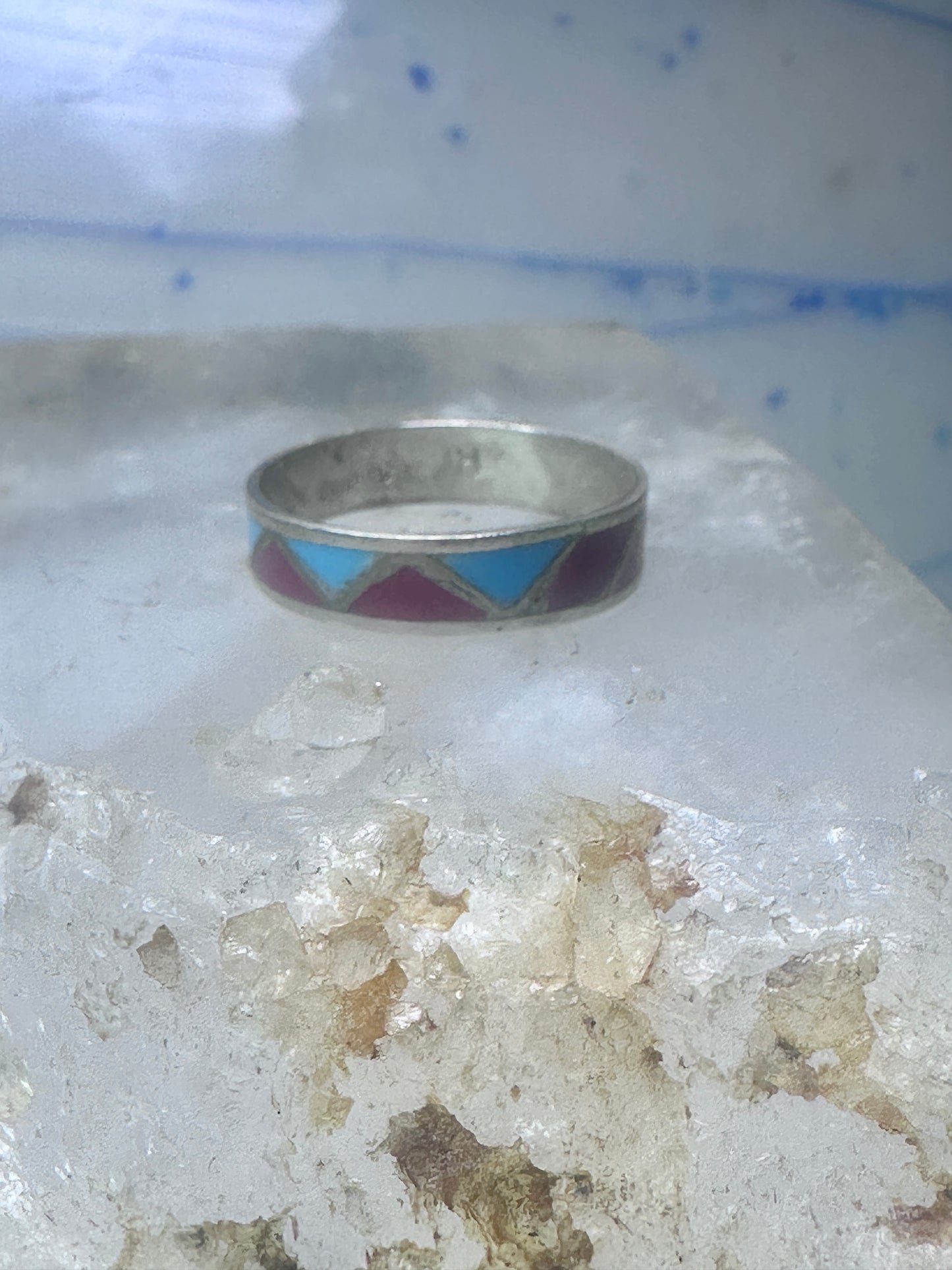 Zuni ring wedding band  sterling silver turquoise coral chips size 9.50 men women