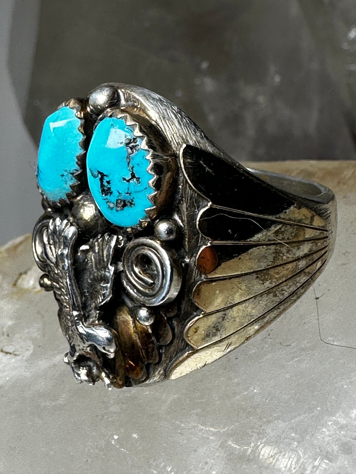 Eagle ring size 12 Navajo signed AL turquoise  sterling silver women men